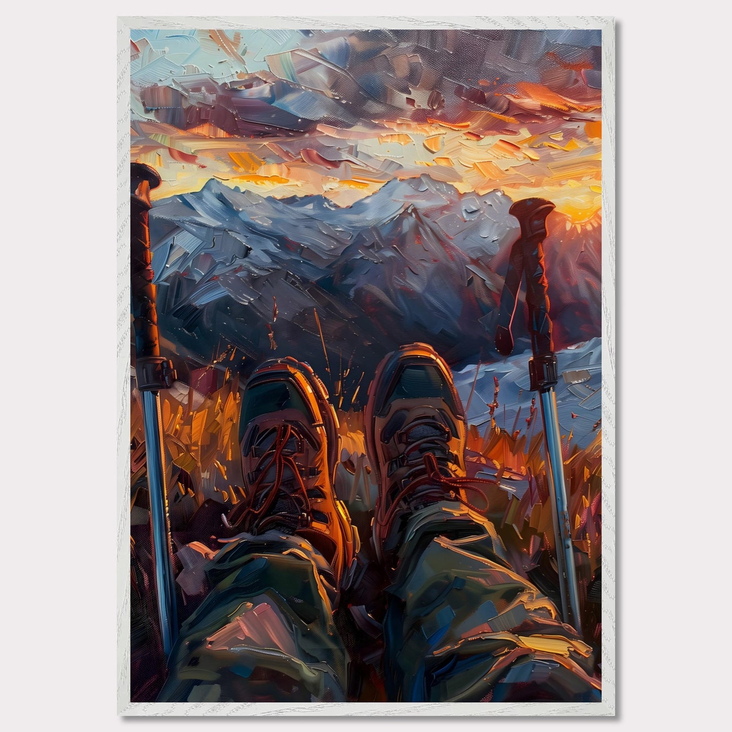 This illustration depicts a serene mountain landscape at sunset, viewed from the perspective of a hiker resting with their legs stretched out.