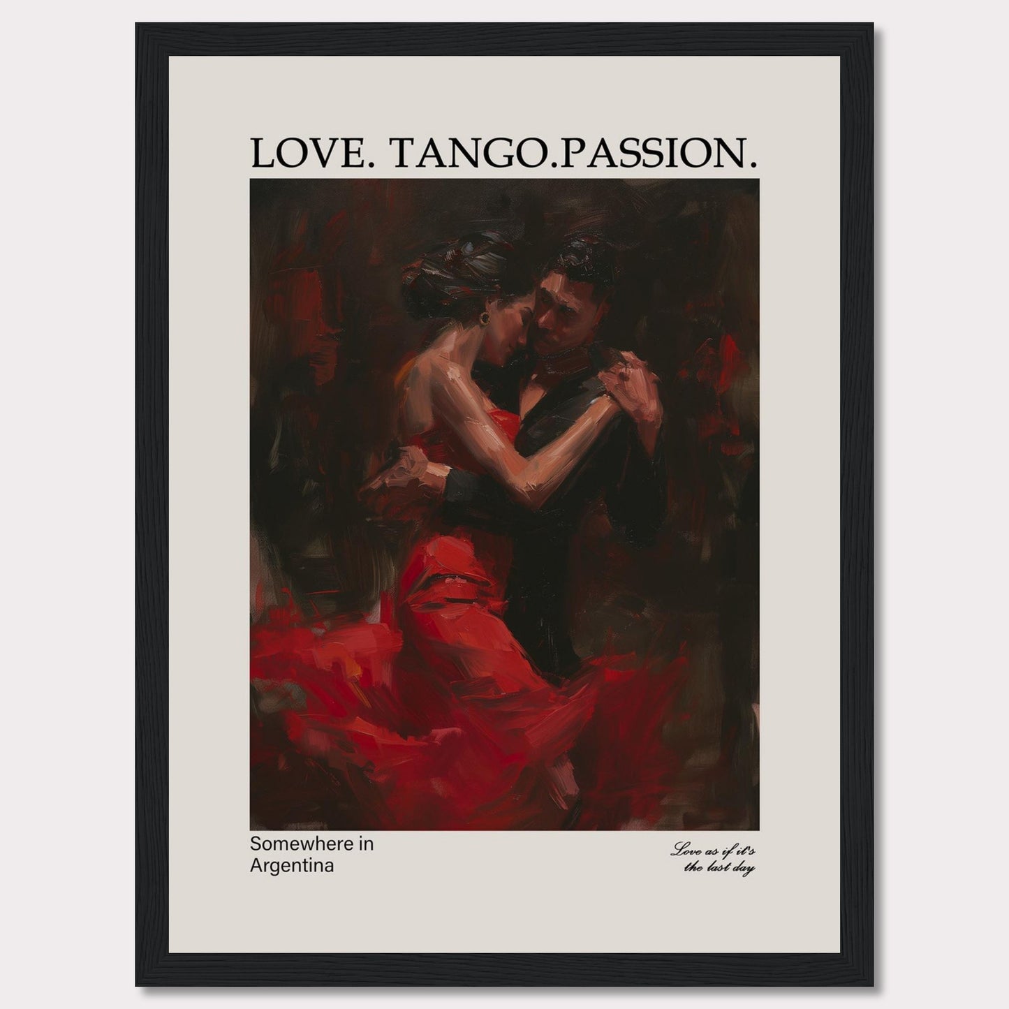 This captivating poster showcases a passionate tango dance between a couple, enveloped in deep red and black hues.