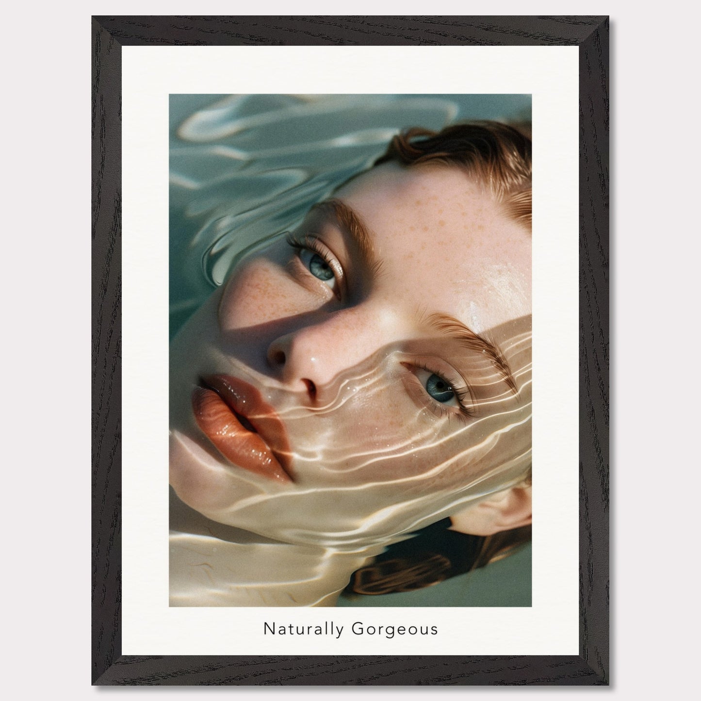 This poster features a close-up illustration of a woman's face partially submerged in water, with light reflections creating a wavy pattern across her skin. The text "Naturally Gorgeous" is displayed below the image.