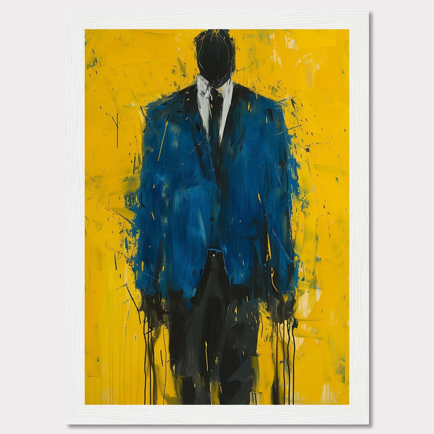 This striking painting features a faceless figure in a blue suit against a vibrant yellow background. The abstract style and bold colors create a powerful visual impact.