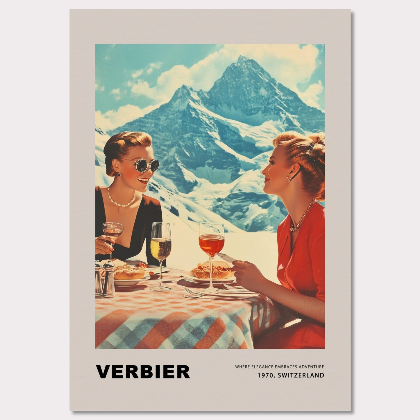 This glamorous poster showcases the refined charm of Verbier, featuring two elegantly dressed women enjoying an alfresco meal with breathtaking alpine peaks as their backdrop. The scene embodies a perfect blend of sophistication and adventure, inviting viewers to savor the unique allure of this Swiss ski destination.