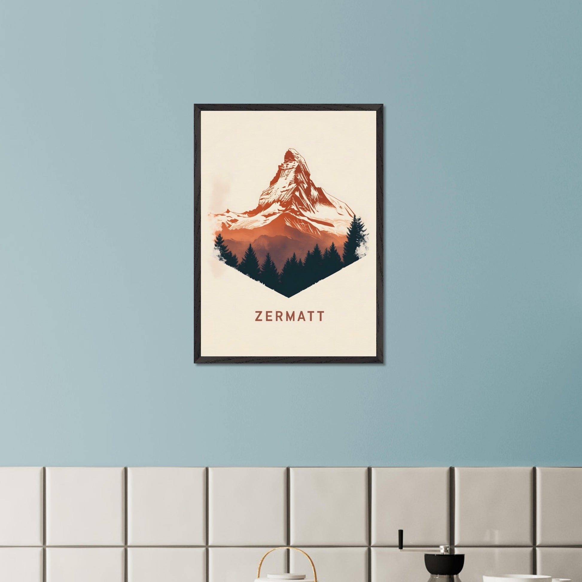 A scenic poster showcasing the breathtaking beauty of Zermatt’s Matterhorn. The rich, painterly textures and natural color palette evoke the serene yet powerful presence of the Alps.