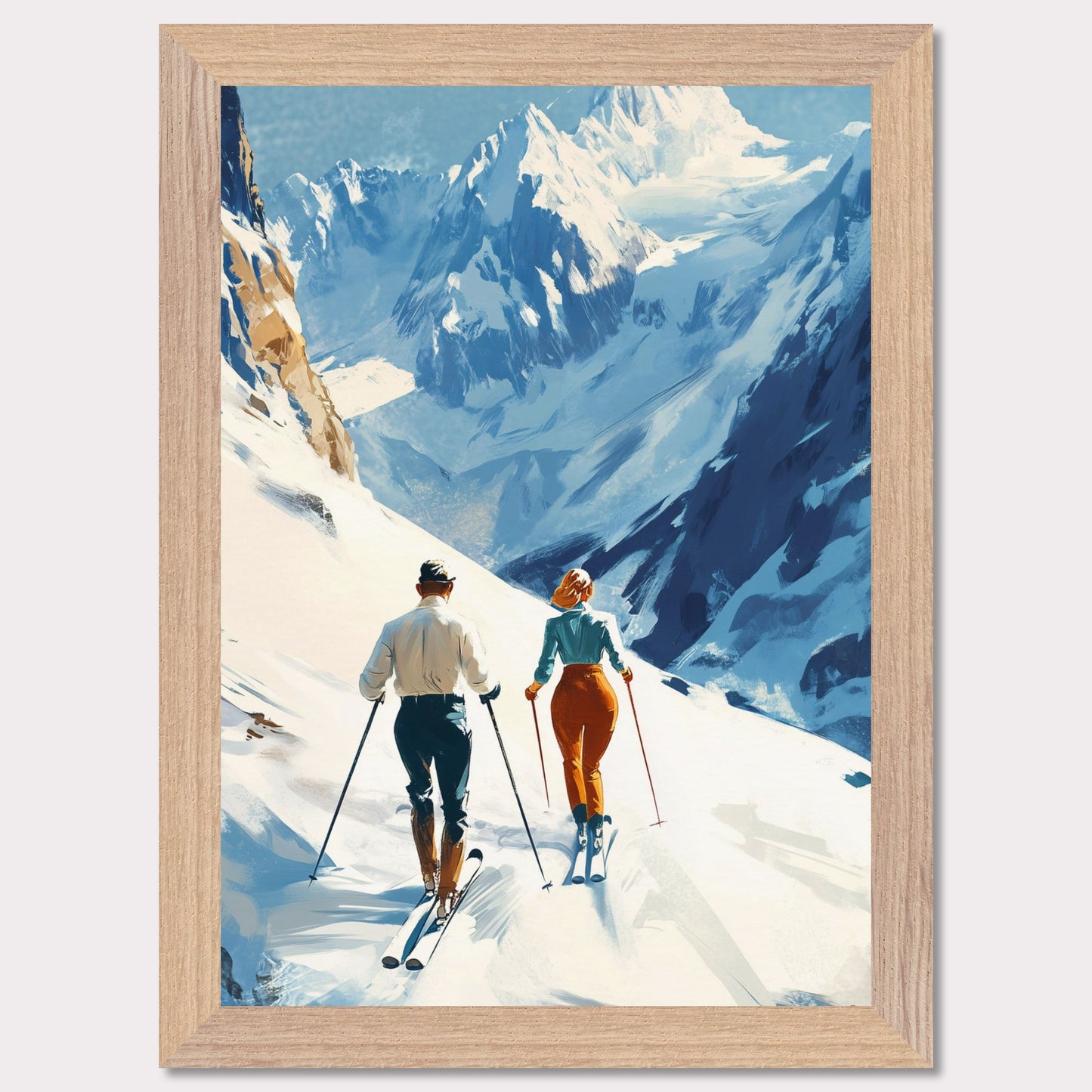 This retro poster captures the elegance and adventure of alpine skiing in Switzerland, circa 1960. Two fashionable skiers glide down the pristine snow with majestic mountains towering in the background. The vibrant colors of their outfits contrast beautifully against the white landscape, while the bold lettering emphasizes the stylish allure of alpine sports.