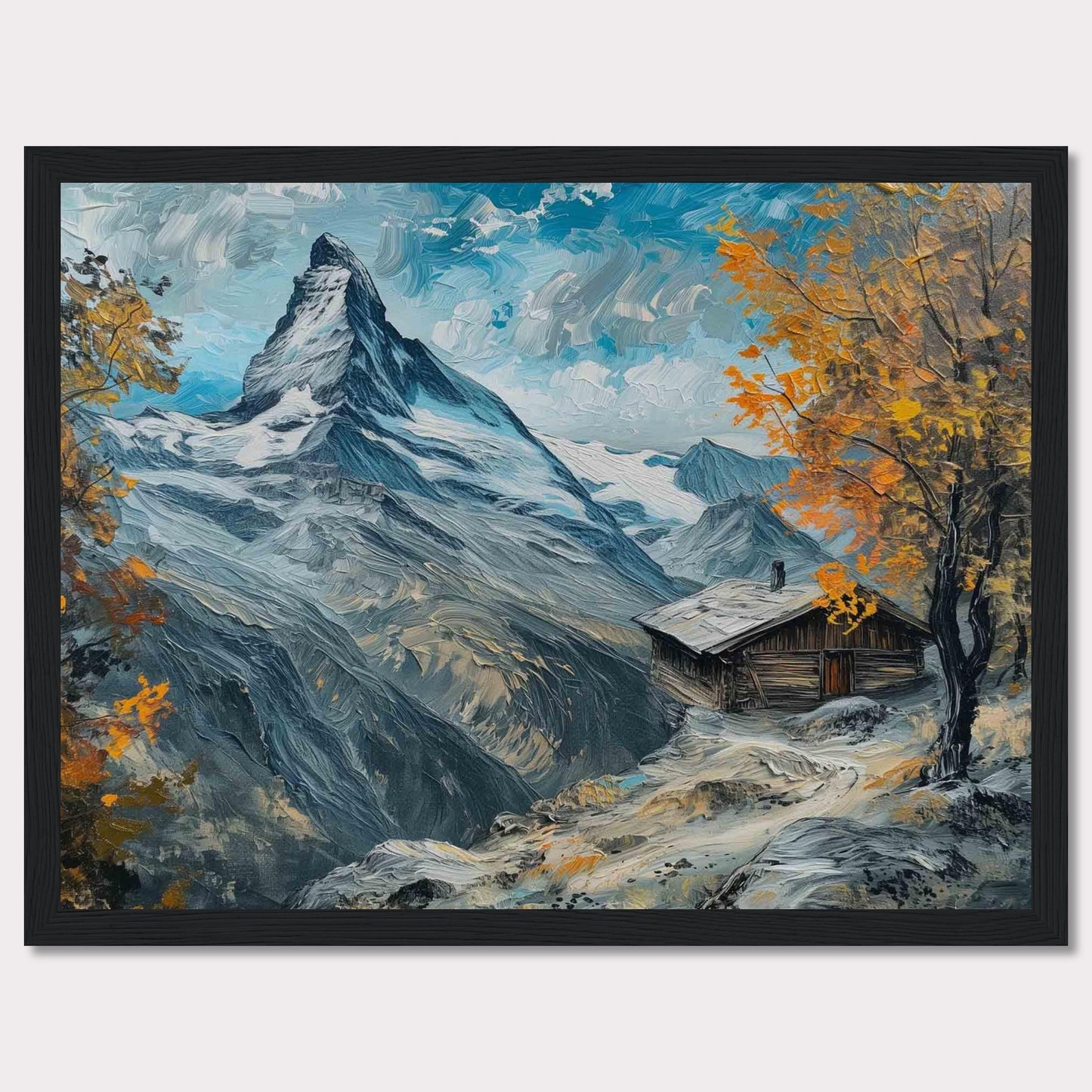 This stunning painting captures a serene mountain landscape with a quaint cabin nestled among the snow-covered peaks. The vibrant autumn foliage adds a splash of color against the majestic backdrop of towering mountains and a clear blue sky.