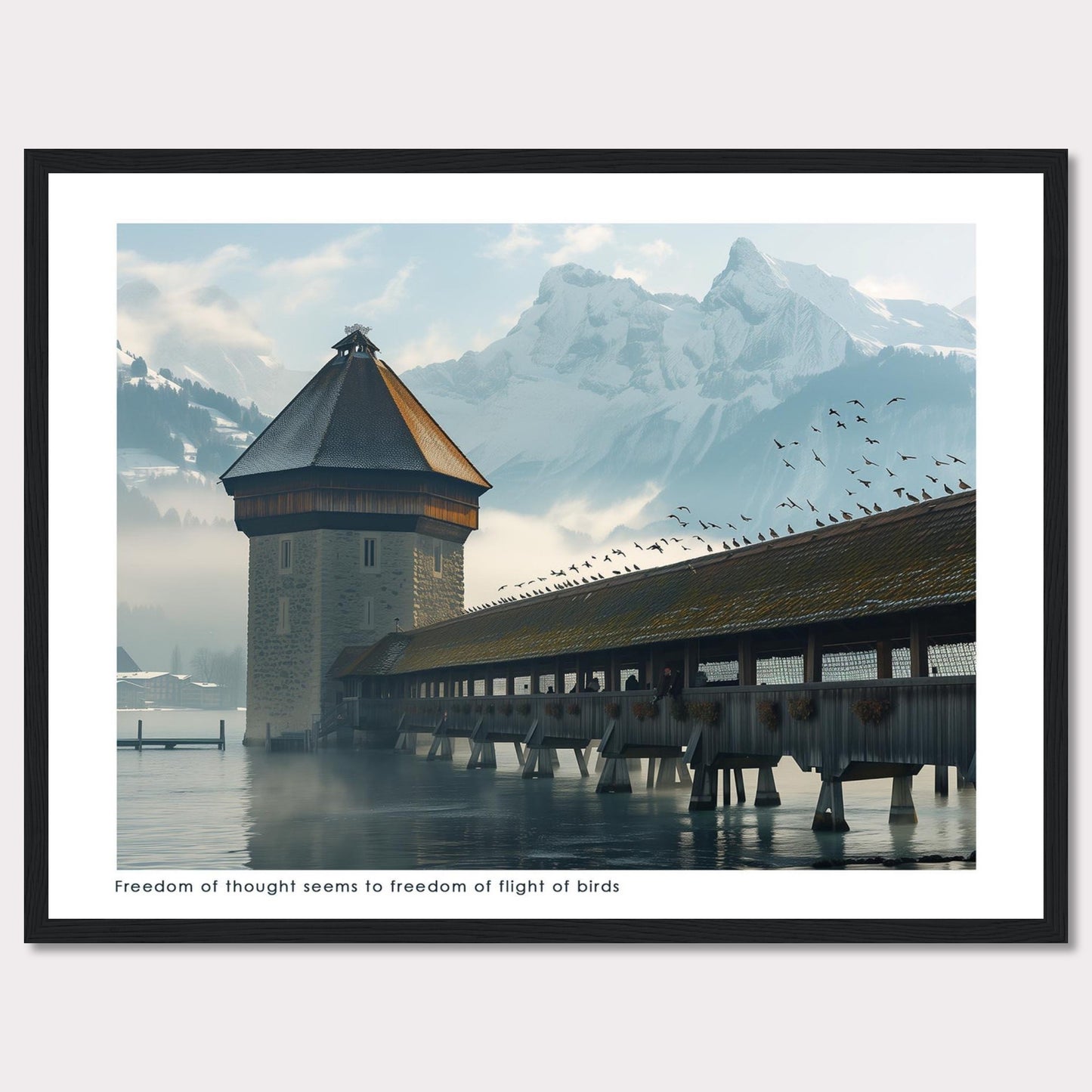 This captivating photo showcases a serene scene featuring a historic tower and a covered wooden bridge over calm waters, with majestic snow-capped mountains in the background. A flock of birds is seen soaring freely in the sky, adding a sense of movement and freedom to the tranquil setting.