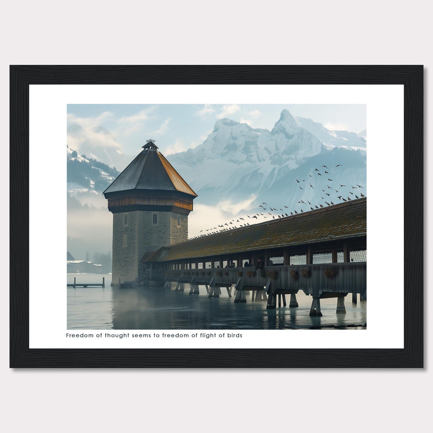 This captivating photo showcases a serene scene featuring a historic tower and a covered wooden bridge over calm waters, with majestic snow-capped mountains in the background. A flock of birds is seen soaring freely in the sky, adding a sense of movement and freedom to the tranquil setting.