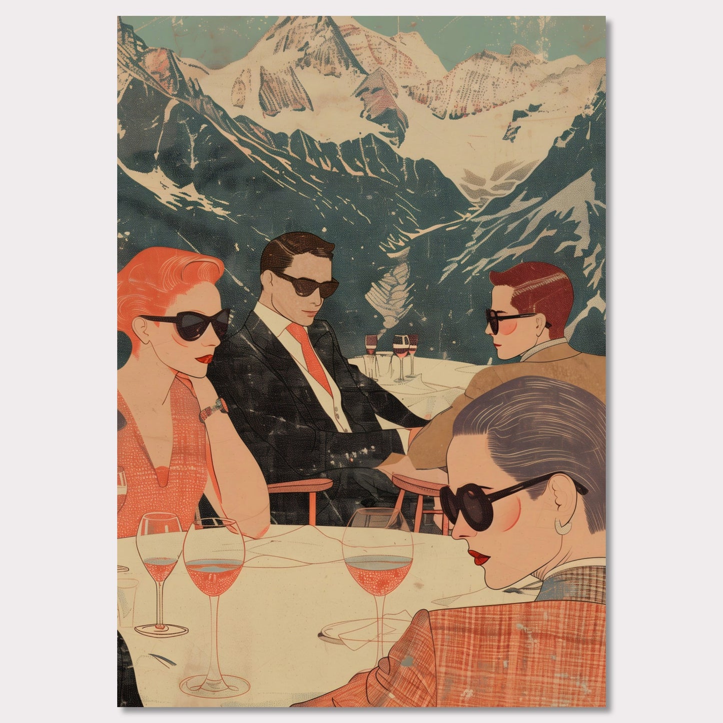 This captivating illustration depicts a stylish group of individuals enjoying a sophisticated gathering with a stunning mountain backdrop.  Four people wearing sunglasses Elegant attire Wine glasses on the table Snow-capped mountains in the background Serene outdoor setting