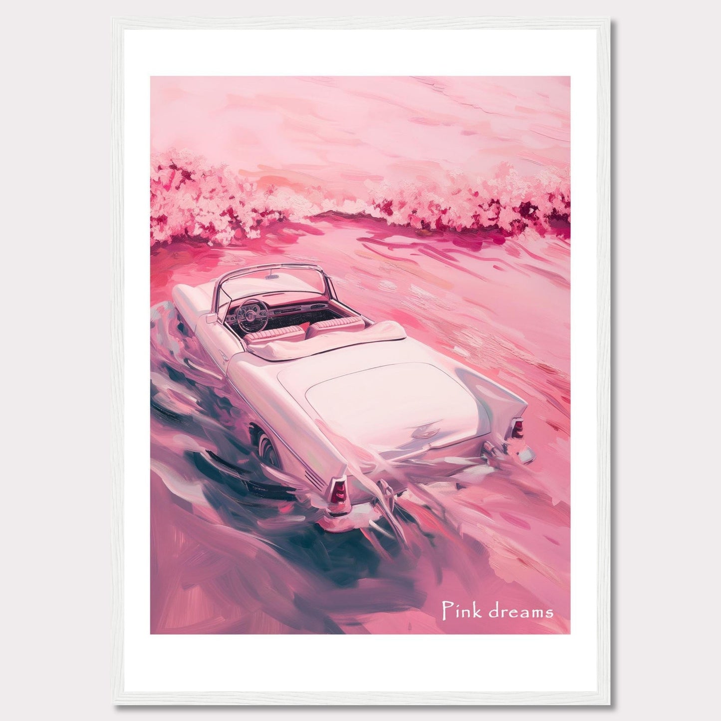 This artwork features a dreamy scene with a vintage convertible car driving through a pink-hued landscape. The soft, pastel colors create a serene and nostalgic atmosphere.