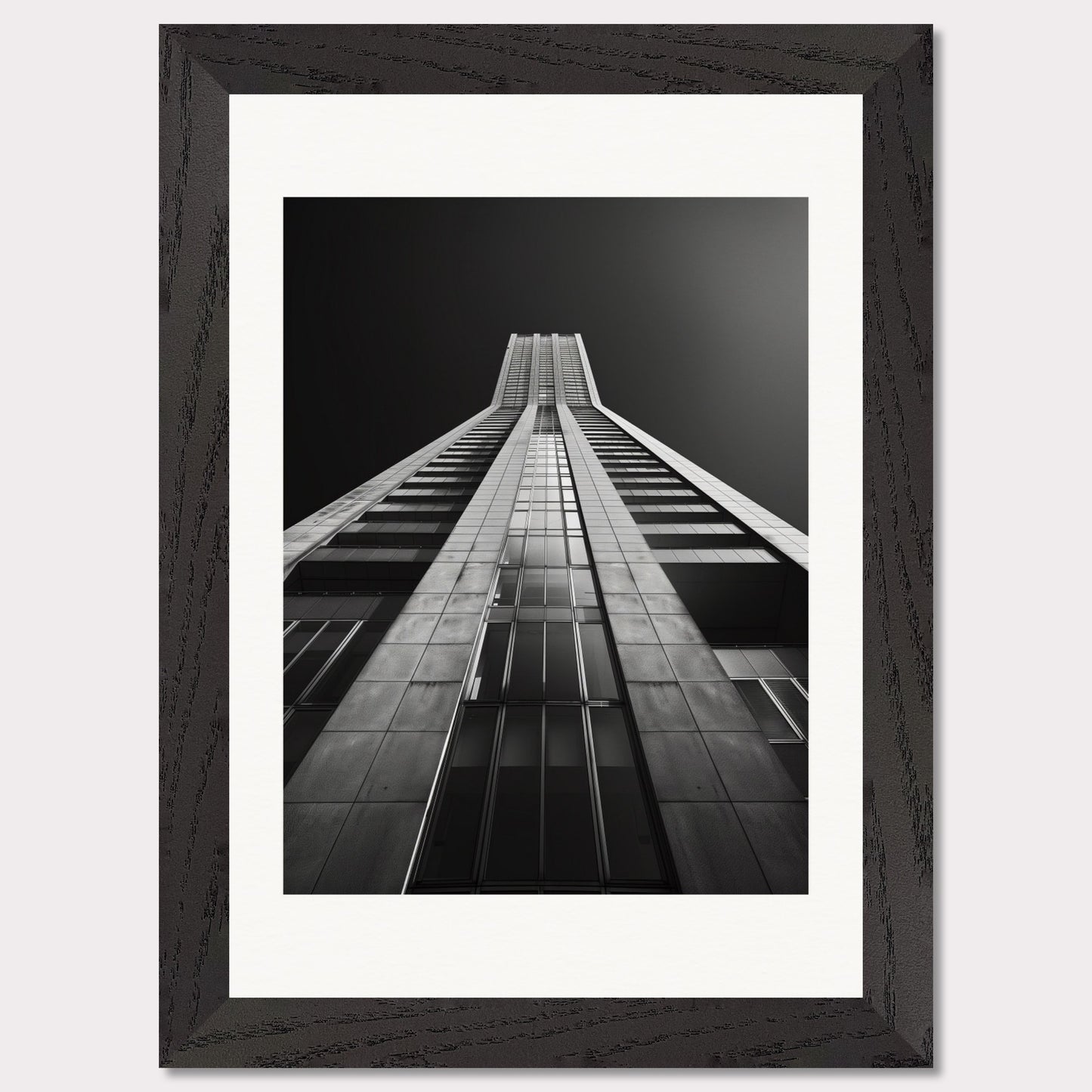 This striking black and white photograph captures the awe-inspiring perspective of looking up at a towering skyscraper. The image emphasizes the sleek lines and modern architecture, drawing the viewer's eye upwards towards the sky.