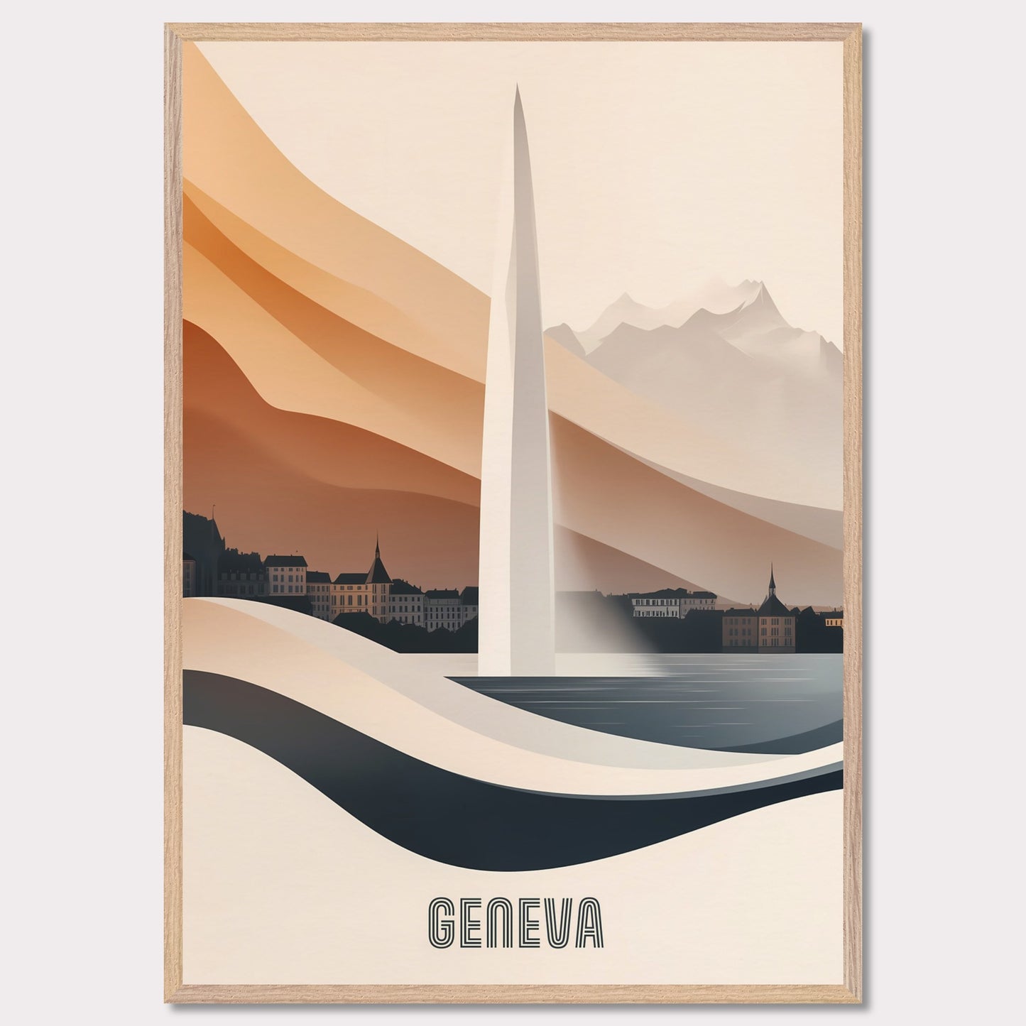 A modern and elegant poster of Geneva’s famous Jet d’Eau fountain, seamlessly blending into the landscape. Smooth curves and warm hues create a sense of fluidity and movement.