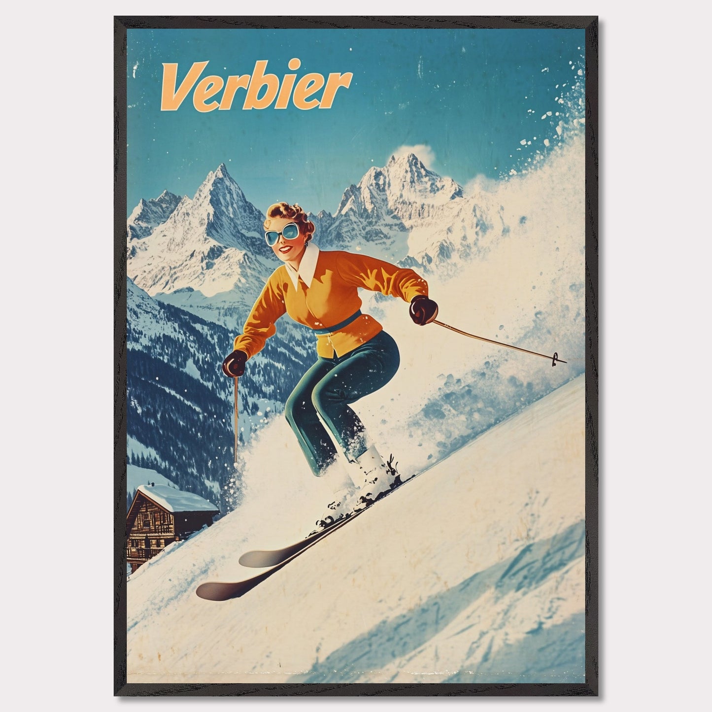 This vibrant retro poster captures the thrilling energy of skiing in Verbier, featuring a skier in a bright orange jacket racing down the slopes. The bright, clear sky contrasts beautifully with the snow-covered terrain and rugged mountain backdrop. The skier’s joyful expression, paired with the iconic Verbier mountains, evokes the excitement and adventure of alpine skiing. The vintage art style adds a timeless touch, bringing out the spirit of winter sports.