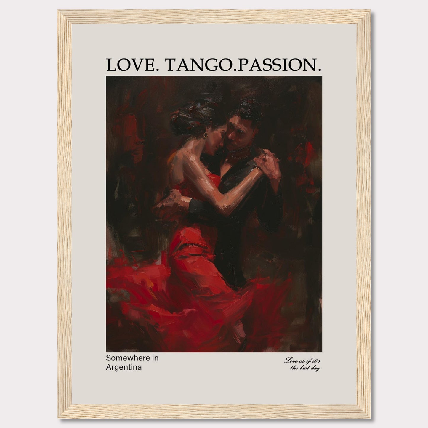 This captivating poster showcases a passionate tango dance between a couple, enveloped in deep red and black hues.