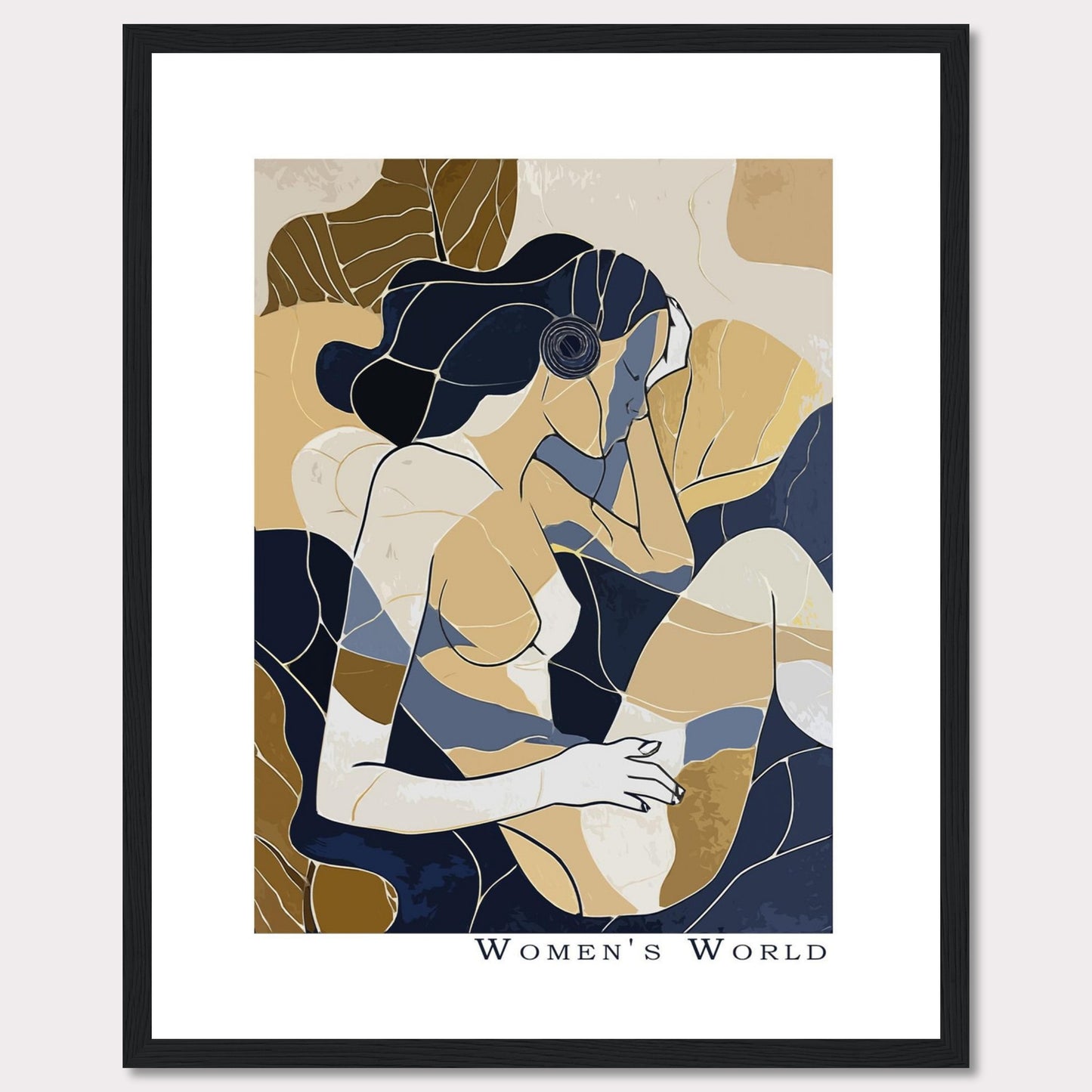 This is a contemporary art print titled "Women's World," featuring an abstract depiction of a woman in muted tones of blue, beige, and brown. The artwork is framed in a sleek black frame.