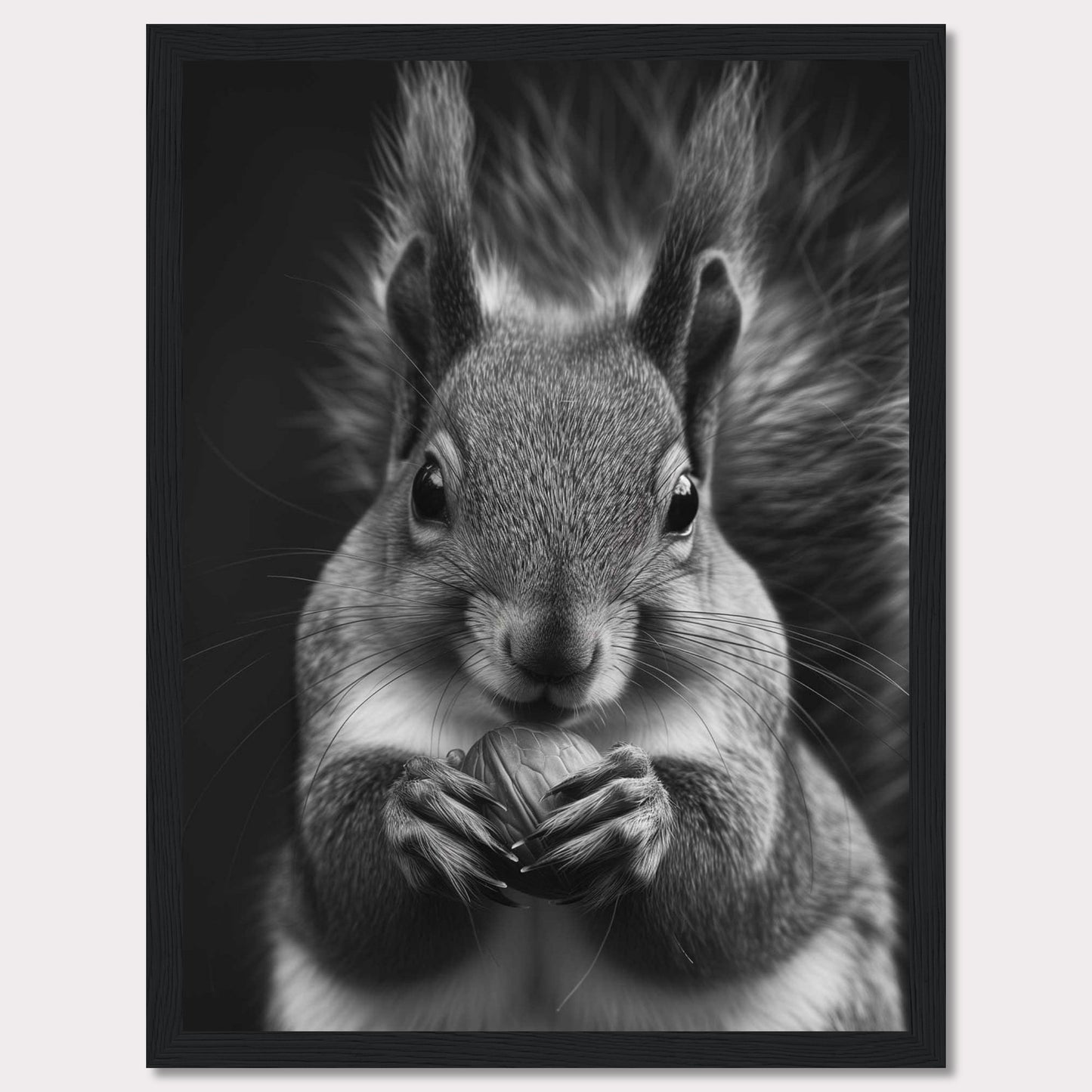 This captivating black and white photograph showcases a close-up of a squirrel holding a nut. The fine details of the squirrel's fur and the texture of the nut are beautifully highlighted, creating a striking contrast against the dark background. The squirrel's focused gaze adds an element of intensity to the image.