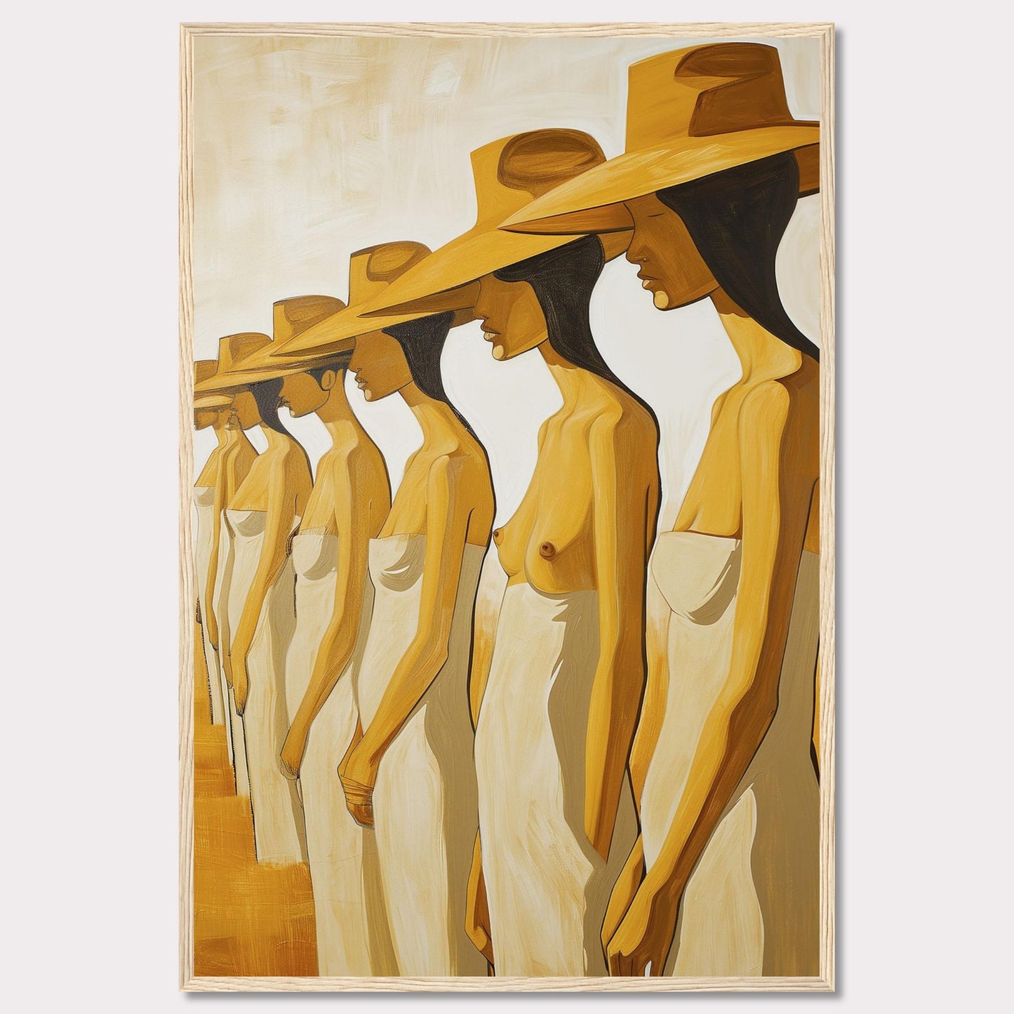 This striking artwork features a row of women standing in profile, each wearing a large hat and draped in a simple cloth. The painting captures a sense of unity and individuality through its minimalist style and warm color palette.