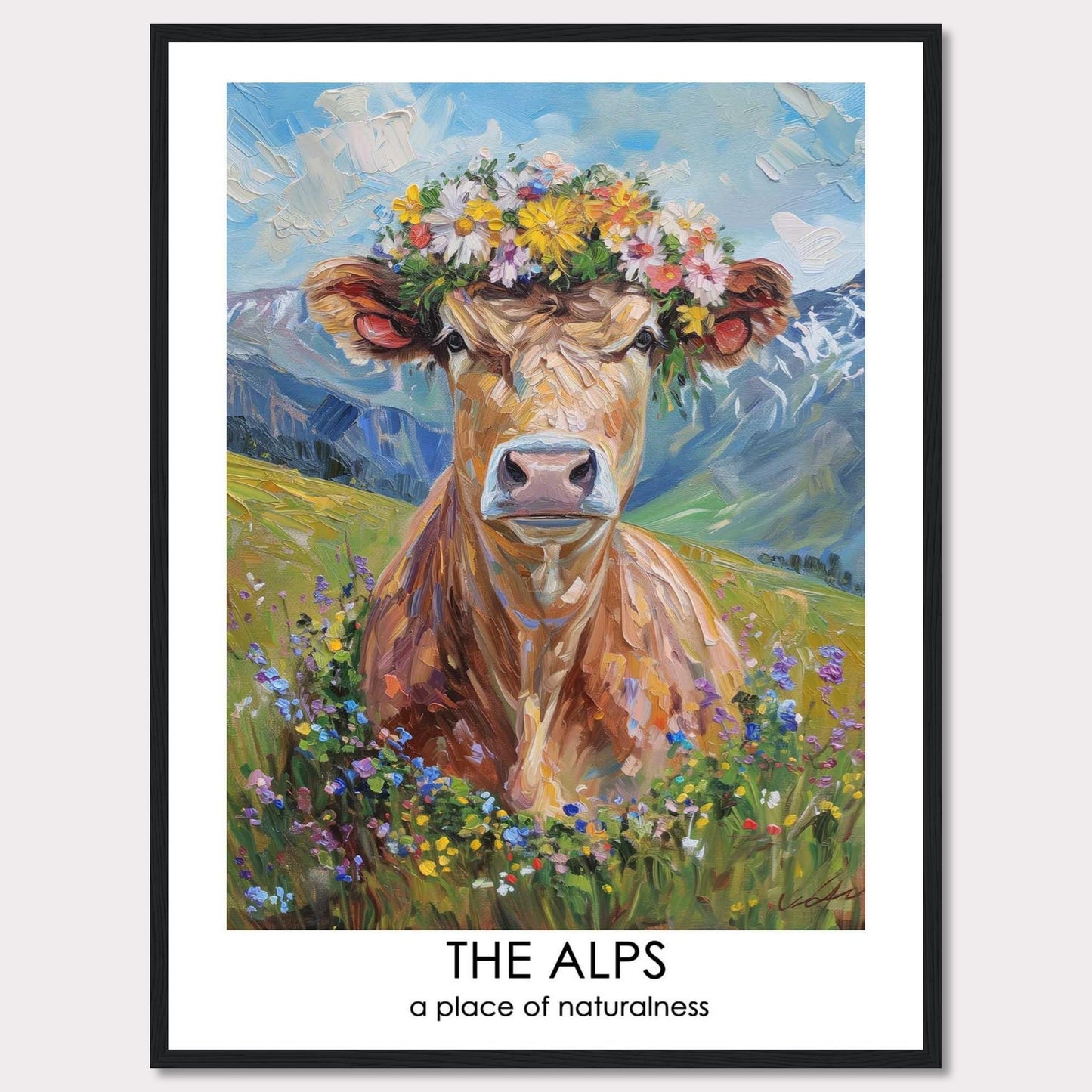 This vibrant artwork depicts a cow adorned with a colorful flower crown, set against the stunning backdrop of the Alps. The painting captures the essence of natural beauty and tranquility.