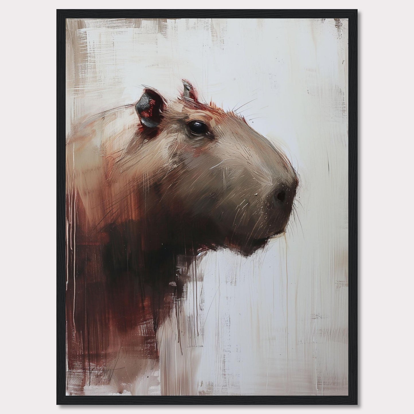 This image showcases a striking painting of a capybara, rendered in a modern, abstract style. The artwork features bold brush strokes and a muted color palette, with the capybara's head turned slightly to the side.