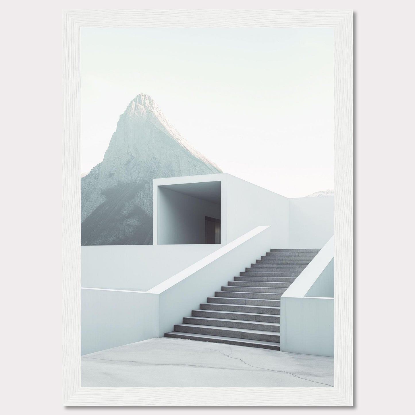 This minimalist artwork features a serene mountain backdrop with a modern architectural staircase leading to a simple, open structure. The clean lines and soft color palette evoke a sense of tranquility and sophistication.