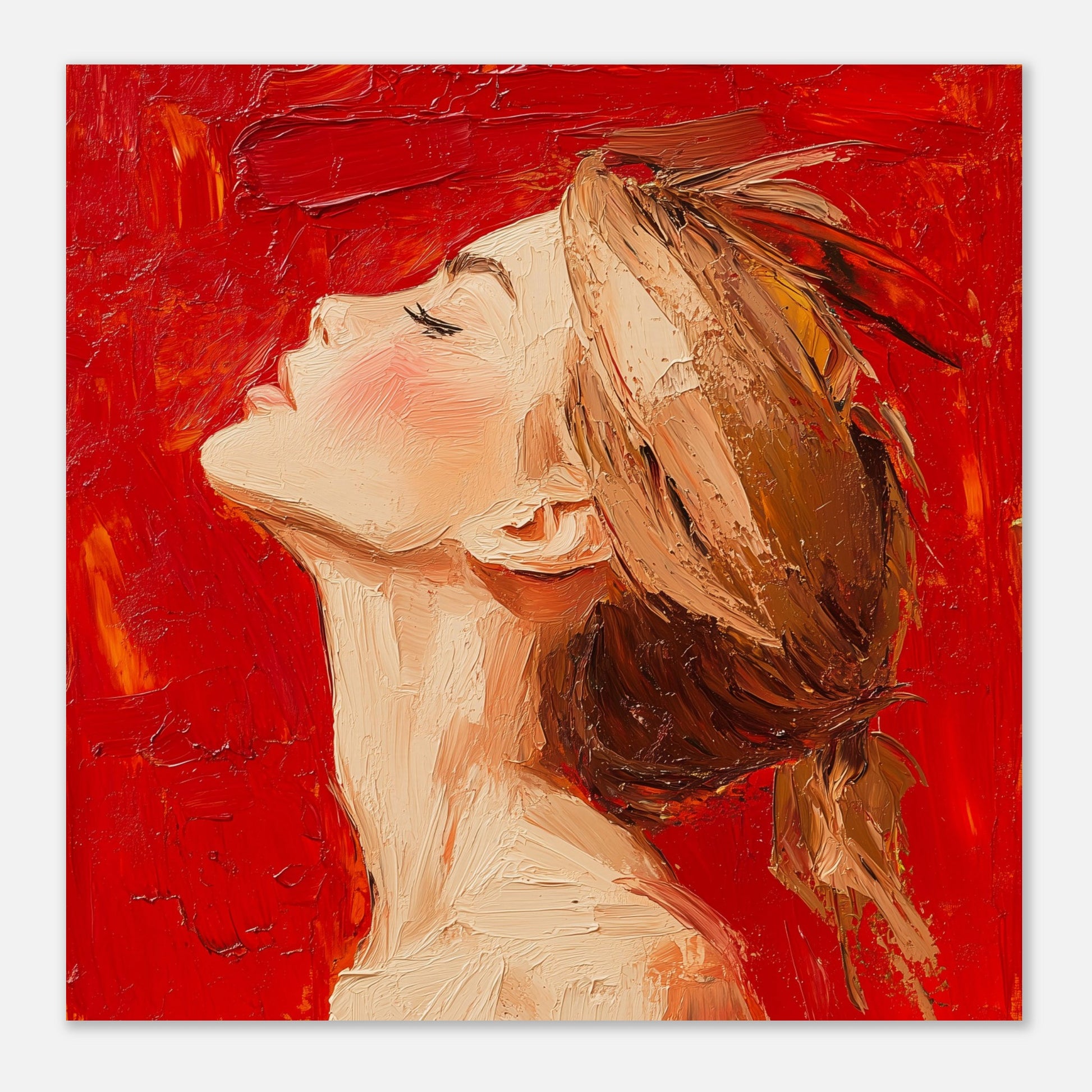 This is an illustration of a woman with her head tilted back and eyes closed, set against a vibrant red background. The artwork is characterized by thick, textured brushstrokes that give it a dynamic and expressive quality.