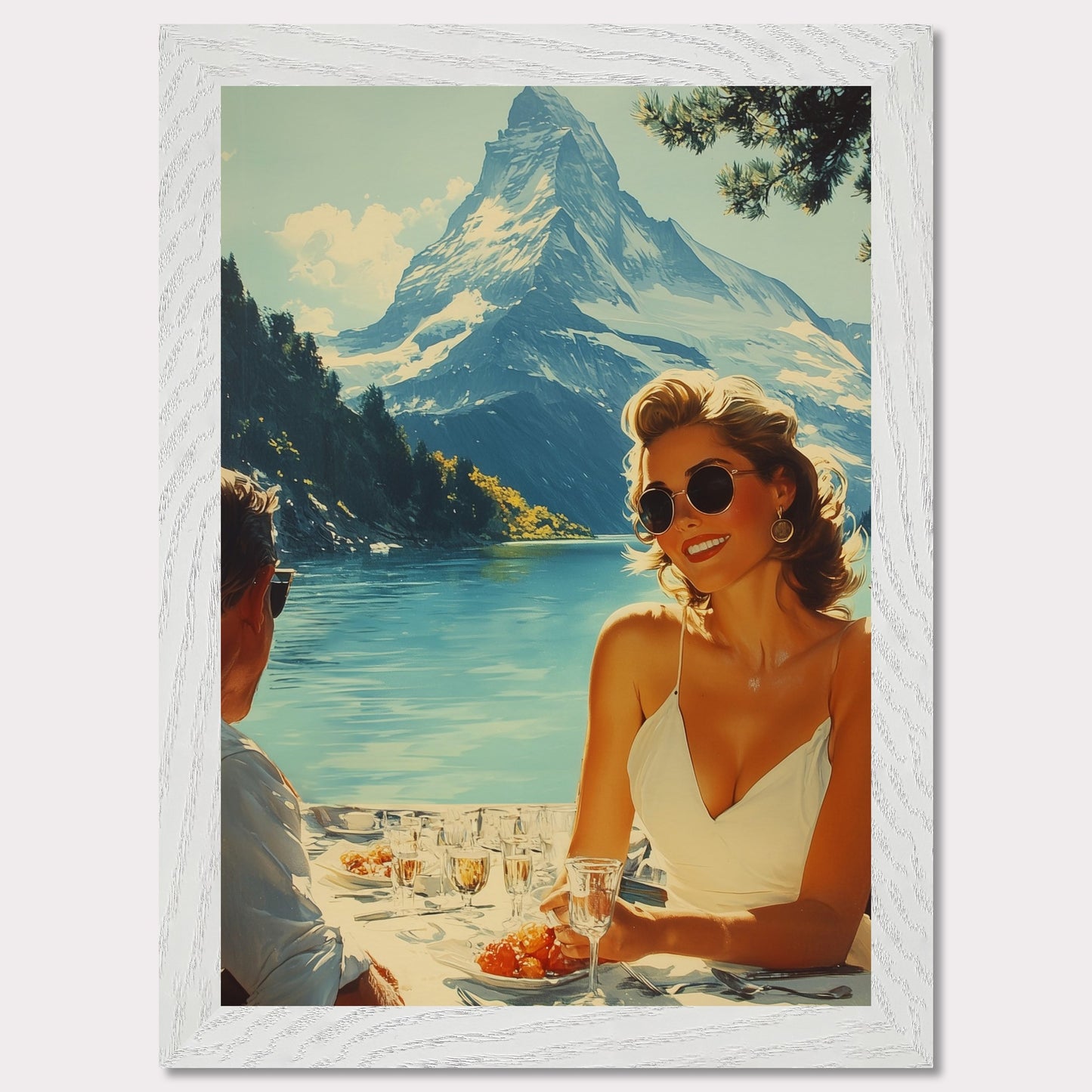 This illustration depicts a scenic outdoor dining setting by a lake with snowy mountains in the background. A woman in sunglasses and a white dress is smiling while holding a glass, and a man is sitting across from her.