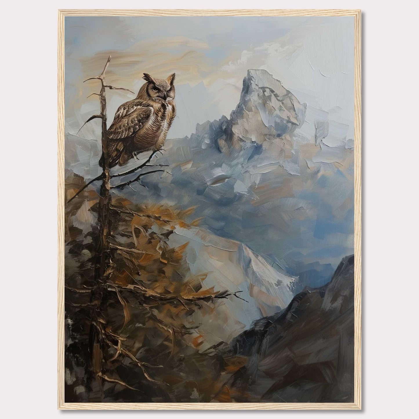 This captivating painting depicts a majestic owl perched on a branch, overlooking a rugged mountain landscape. The scene is rendered in rich, earthy tones and dynamic brushstrokes, capturing the serene yet powerful essence of nature.