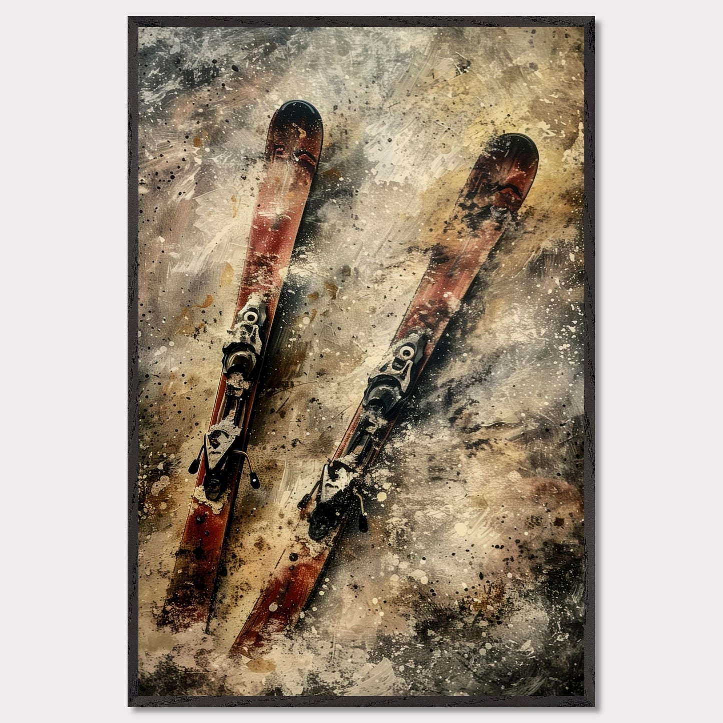 This image showcases a pair of vintage red skis with bindings, set against a textured, abstract background. The skis are positioned diagonally, creating a dynamic and energetic composition.