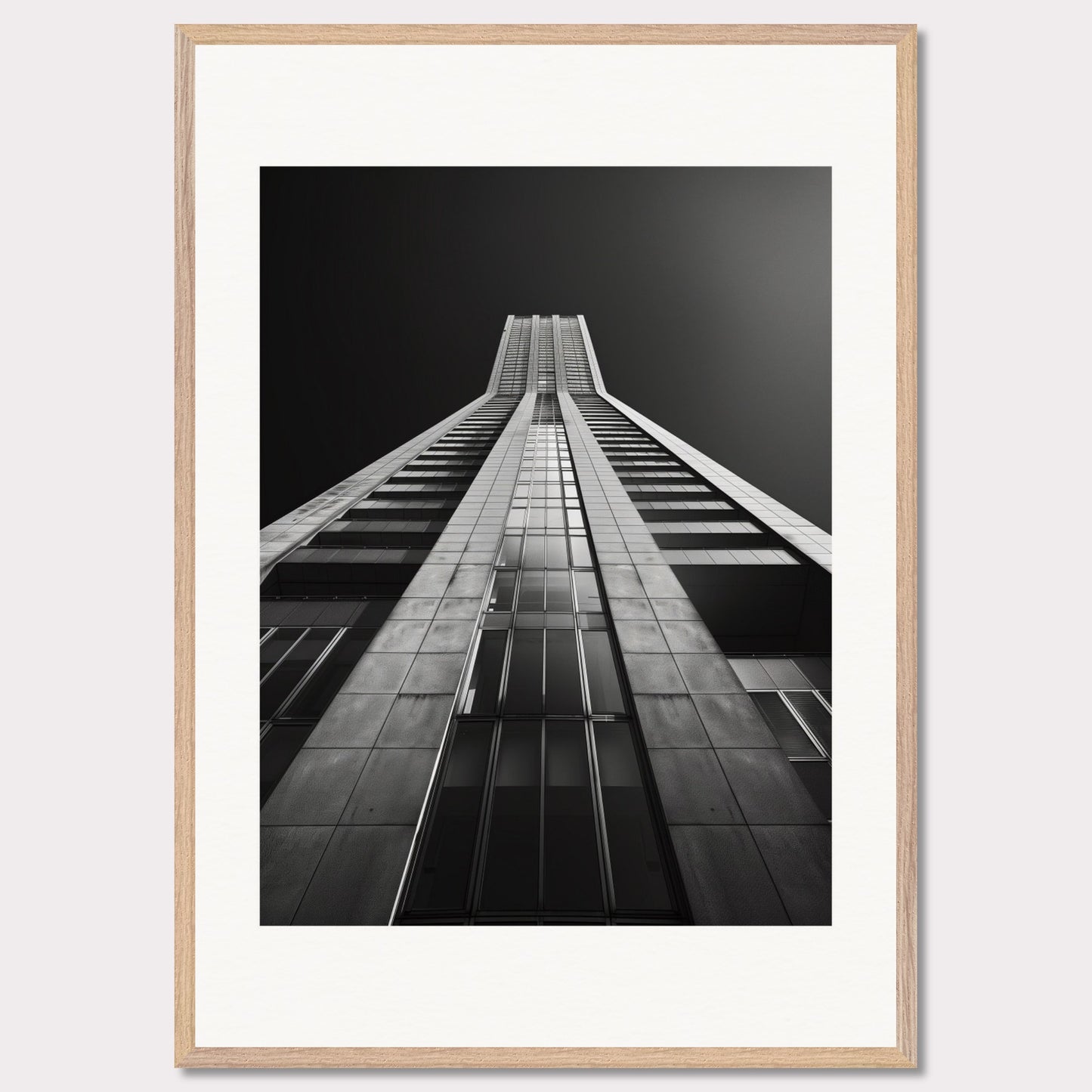 This striking black and white photograph captures the awe-inspiring perspective of looking up at a towering skyscraper. The image emphasizes the sleek lines and modern architecture, drawing the viewer's eye upwards towards the sky.