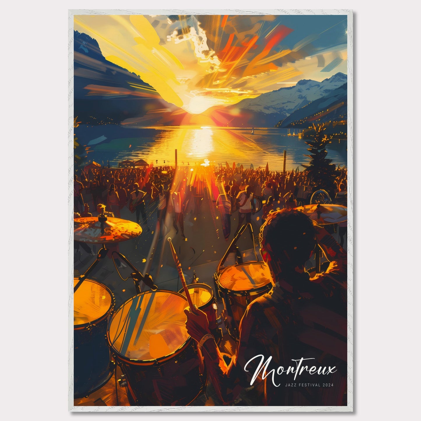 This vibrant image captures the essence of the Montreux Jazz Festival 2024. The scene is set at sunset, with a stunning view of the sun dipping below the horizon over a serene lake, surrounded by majestic mountains. A large crowd is gathered, immersed in the music, while a drummer plays energetically in the foreground.