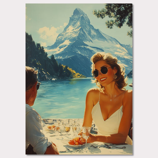 This illustration depicts a scenic outdoor dining setting by a lake with snowy mountains in the background. A woman in sunglasses and a white dress is smiling while holding a glass, and a man is sitting across from her.