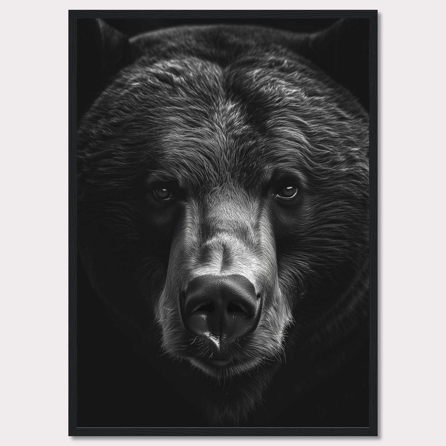 This striking black and white photograph captures the intense gaze of a bear, emphasizing its powerful presence and majestic features. The close-up shot highlights the intricate details of the bear's fur and facial structure, creating a captivating and dramatic effect.