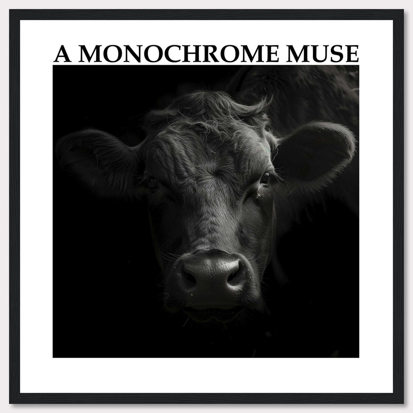 This striking black and white photograph captures the intense gaze of a cow, bringing out its raw beauty and strength. The monochrome effect adds depth and drama to the image, making it a captivating piece of art.