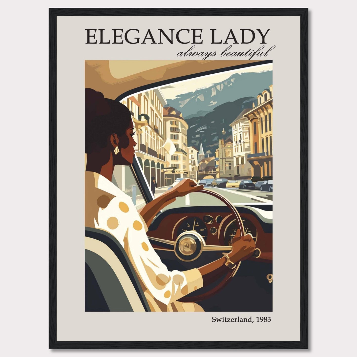 This image depicts a stylish woman driving through a picturesque European city, exuding elegance and confidence.