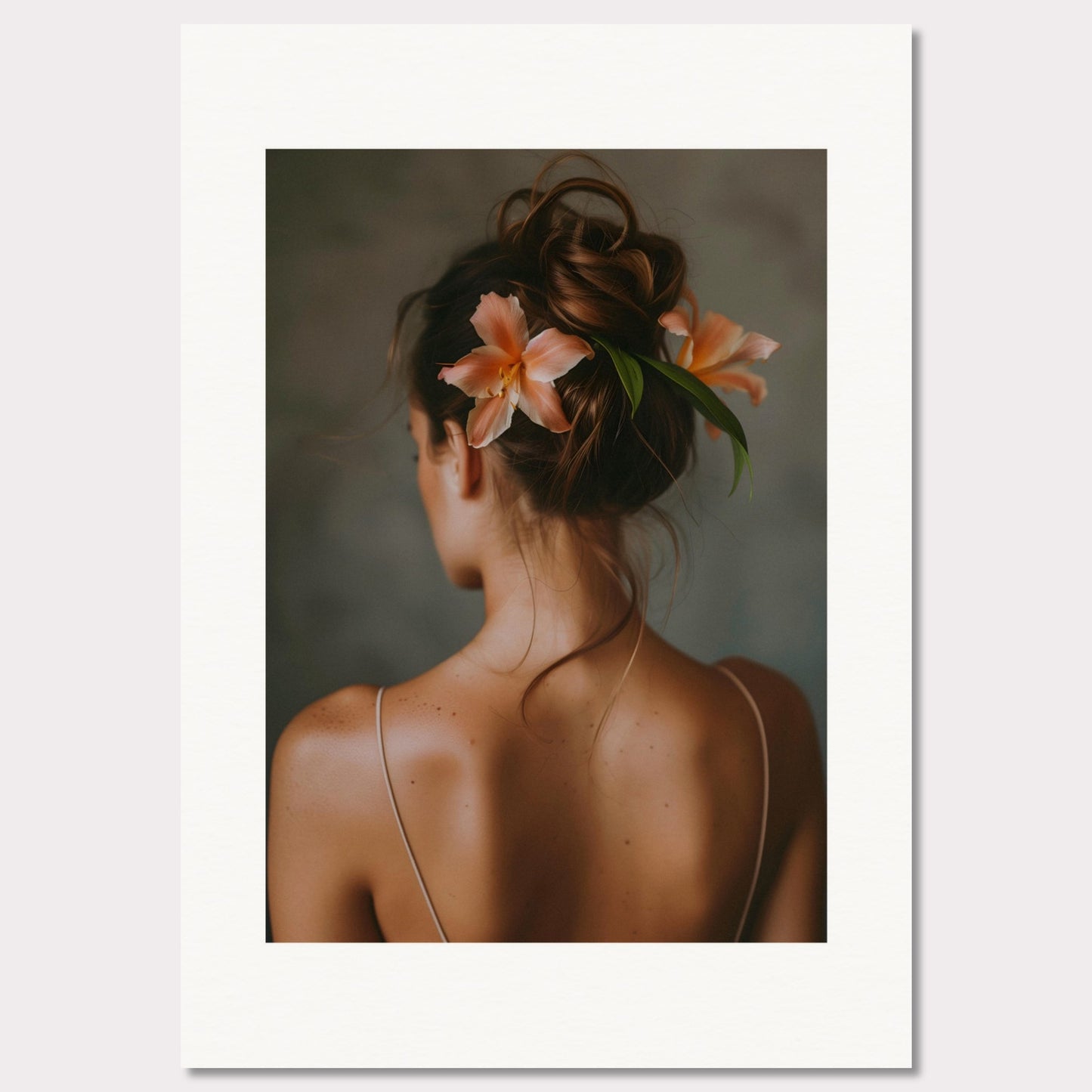 This illustration depicts a woman viewed from behind, with her hair styled in an elegant updo adorned with two peach-colored flowers and green leaves.

This poster would fit well in a bedroom, living room, or any space that benefits from a touch of elegance and natural beauty.