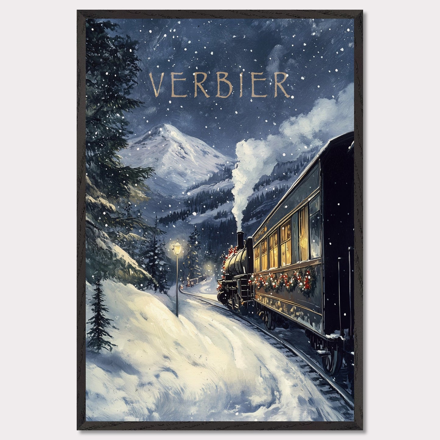 This charming, vintage-inspired poster transports you to a winter wonderland in Verbier, as a steam train adorned with festive decorations winds its way through a snowy mountain landscape. The warm glow from the train’s windows contrasts beautifully with the cool, snowy surroundings, creating a nostalgic and inviting atmosphere. The gentle snowfall and the towering mountain peaks in the background complete the serene yet adventurous feel of this picturesque winter journey.