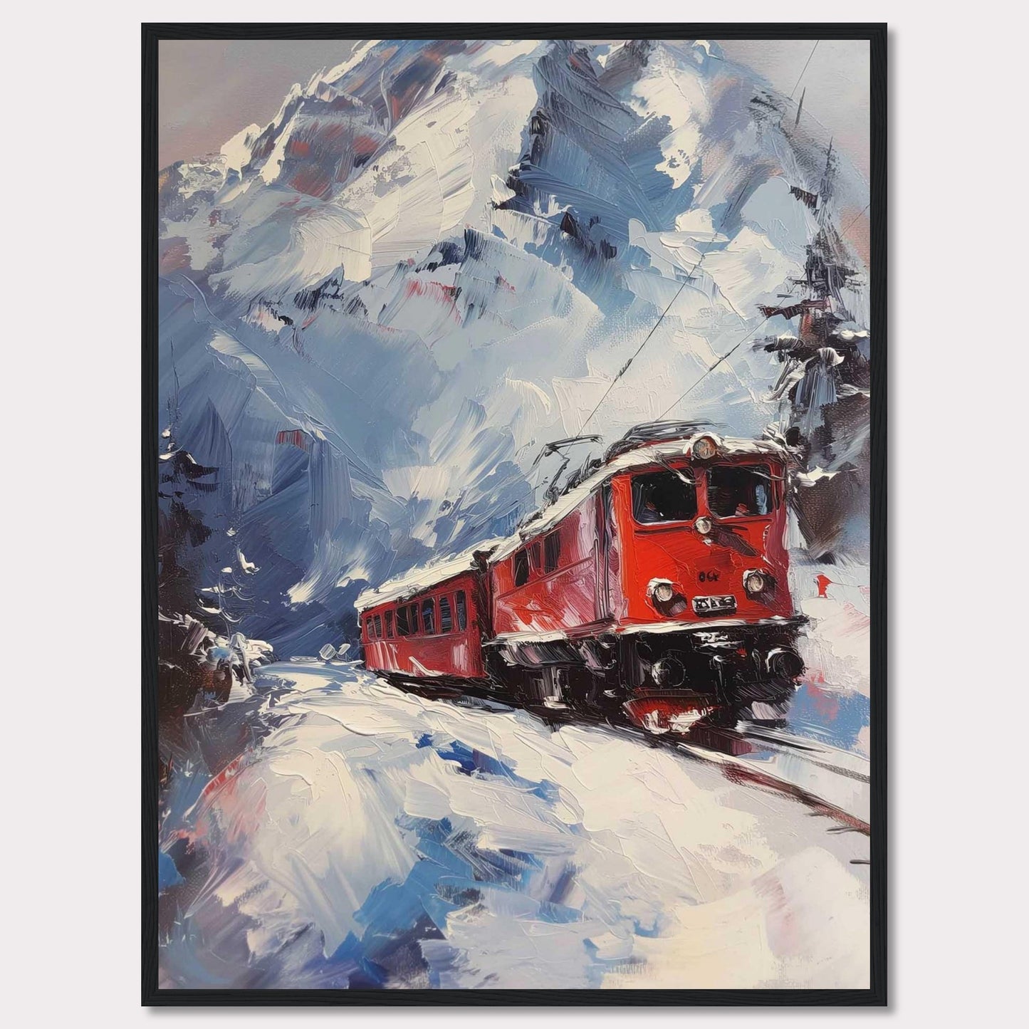 This stunning painting captures a vibrant red train journeying through a snowy mountain landscape. The dynamic brushstrokes convey the movement and energy of the scene, while the towering snow-covered peaks create a breathtaking backdrop.