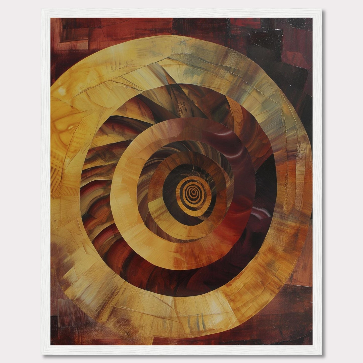 This captivating abstract painting features a mesmerizing spiral design, drawing the viewer into its depths. The artwork is dominated by warm tones of red, orange, and yellow, creating a sense of movement and energy.