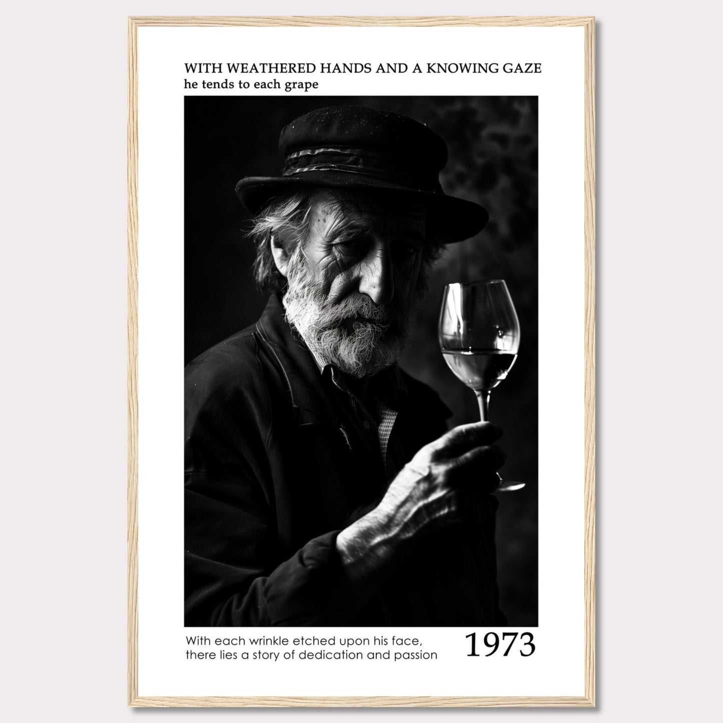 This evocative black-and-white photograph captures an elderly man with a weathered face, holding a glass of wine. His thoughtful gaze and the detailed wrinkles on his face tell a story of dedication and passion. The text accompanying the image reads: "With weathered hands and a knowing gaze he tends to each grape. With each wrinkle etched upon his face, there lies a story of dedication and passion." The year 1973 is prominently displayed.