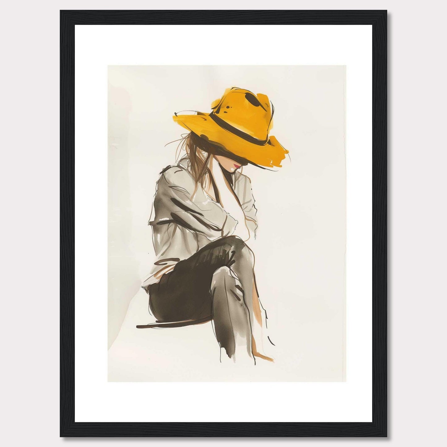 This artwork features a stylish illustration of a person wearing a large, vibrant yellow hat. The figure is seated, with their head slightly bowed, creating a sense of introspection and calm. The use of muted tones for the clothing contrasts beautifully with the boldness of the hat, making it the focal point of the piece. The minimalist background allows the viewer to fully appreciate the elegance and simplicity of the design.