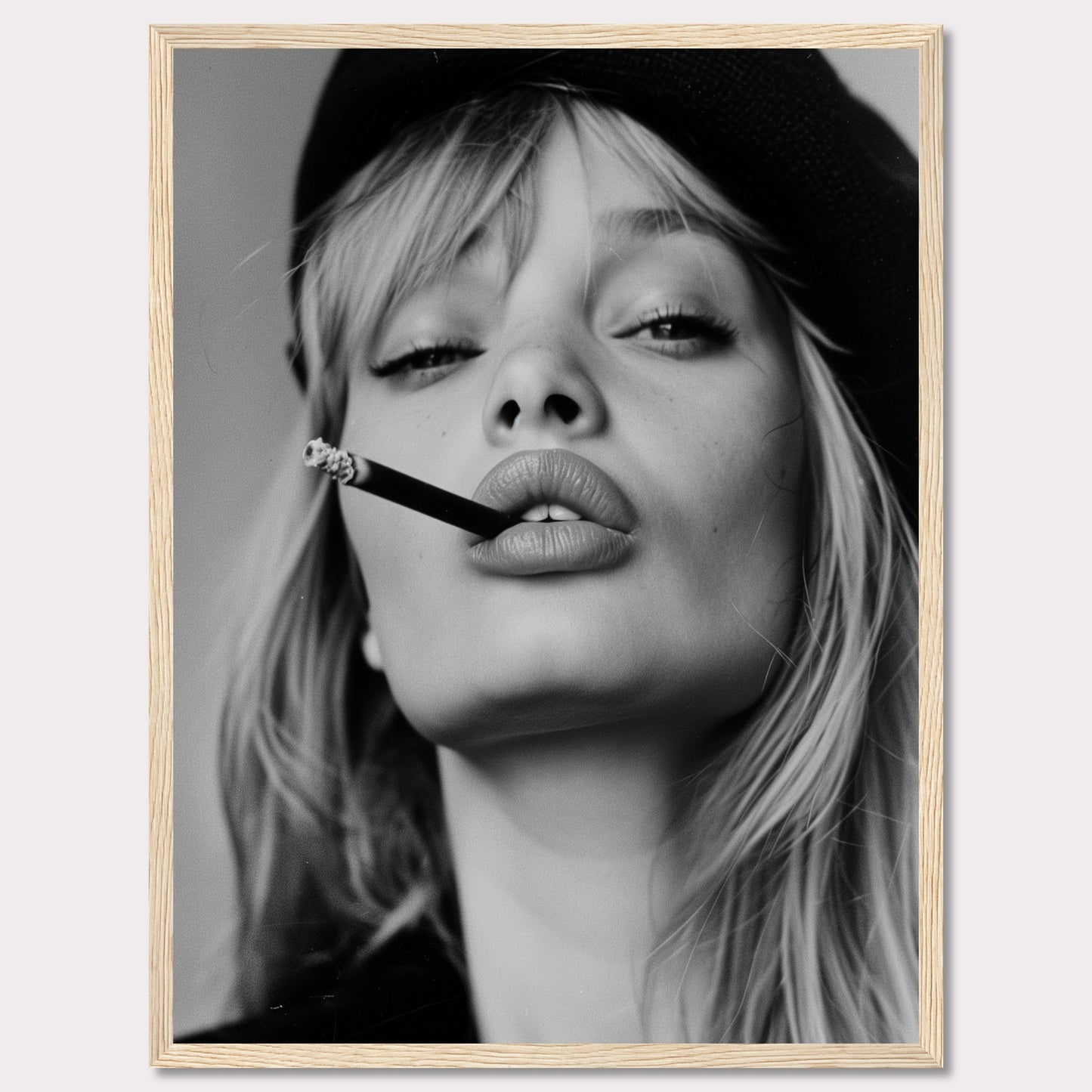 This striking black and white portrait captures a woman with a cigarette between her lips, exuding confidence and allure. Her intense gaze, slightly parted lips, and the casual placement of the cigarette create a bold and edgy aesthetic. The image is framed in a sleek black border, adding to its sophisticated appeal.