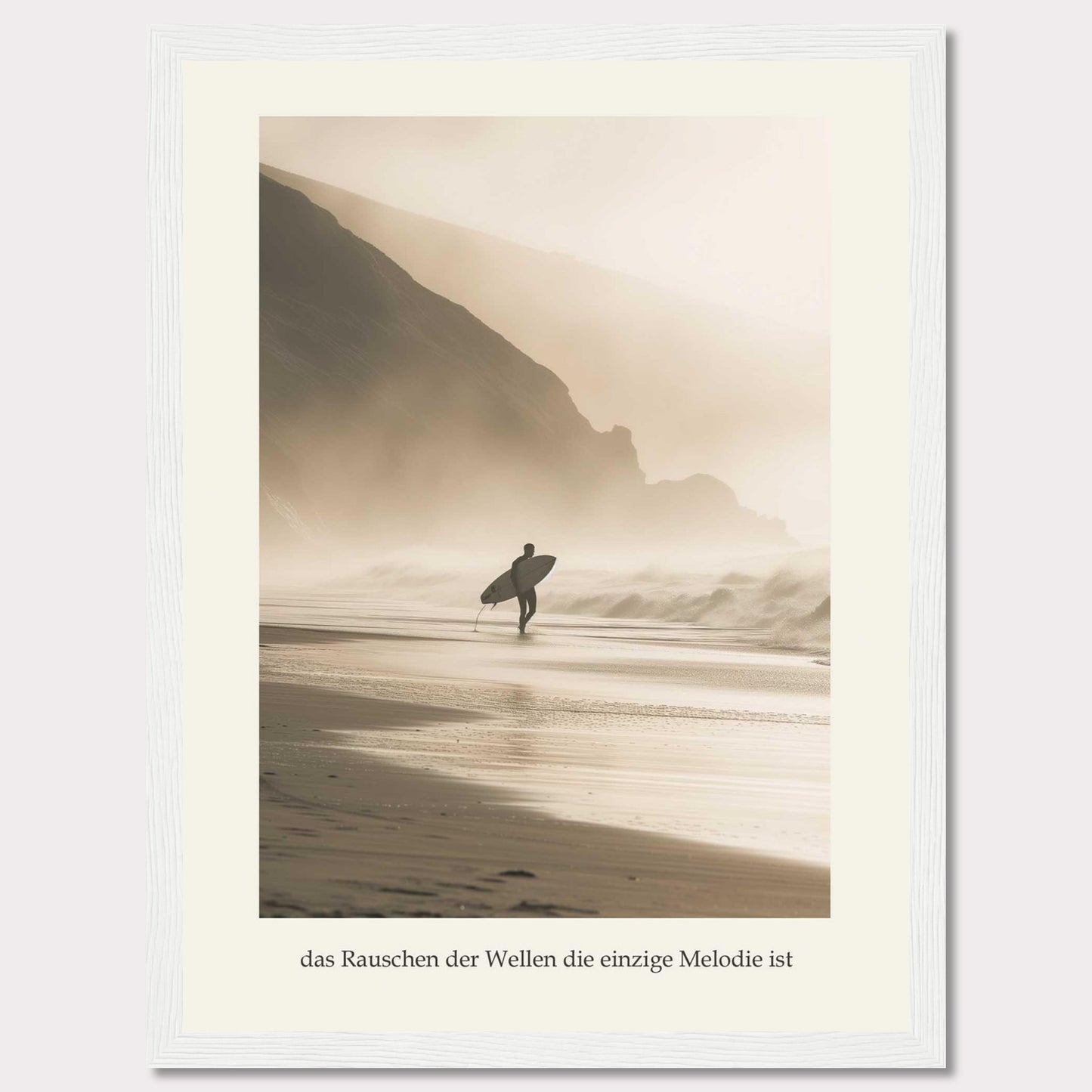 This captivating photograph captures a lone surfer walking along a misty beach, surfboard in hand, with towering cliffs in the background.