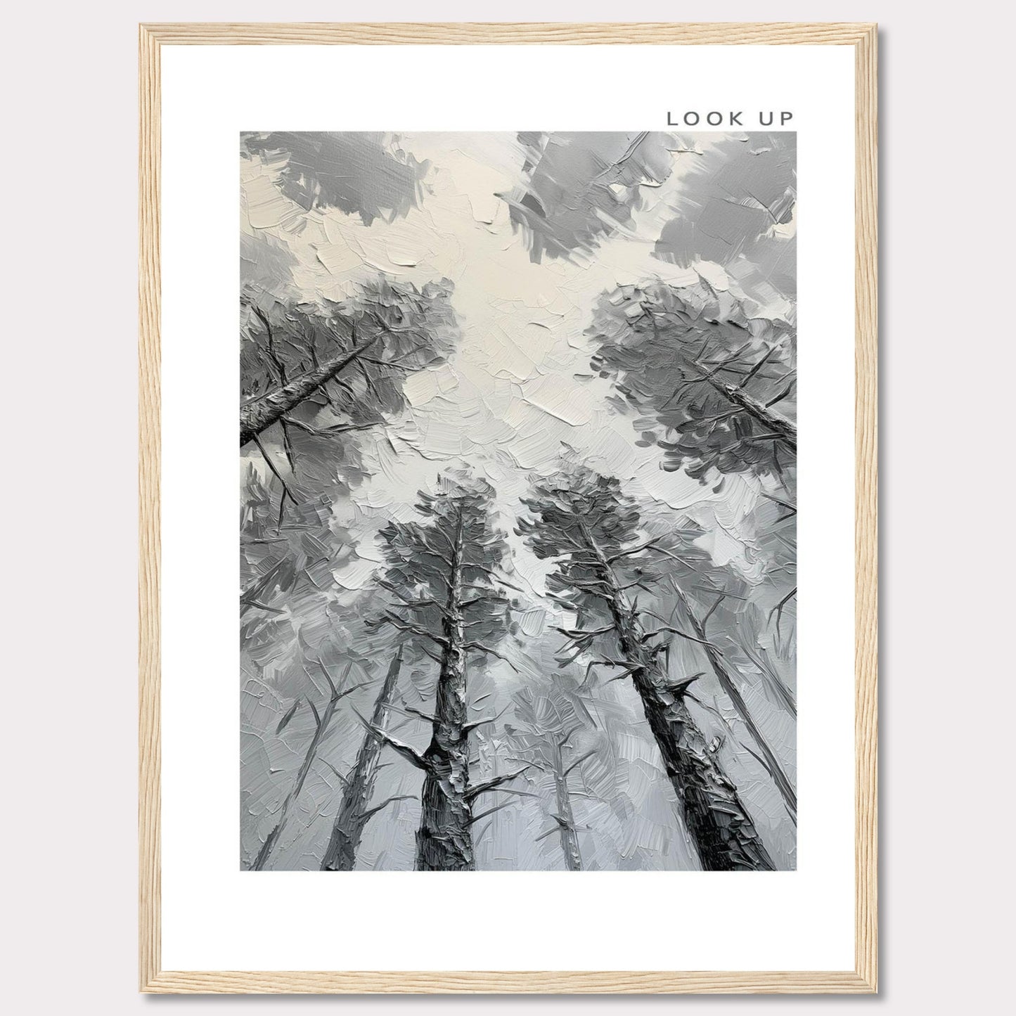 c3bda468-65daThis image depicts an artistic rendering of tall trees viewed from the ground looking up, creating a sense of depth and wonder. The artwork is framed in black with the words "LOOK UP" at the top right corner.3-4df9-b903-bb8b3b2cee29