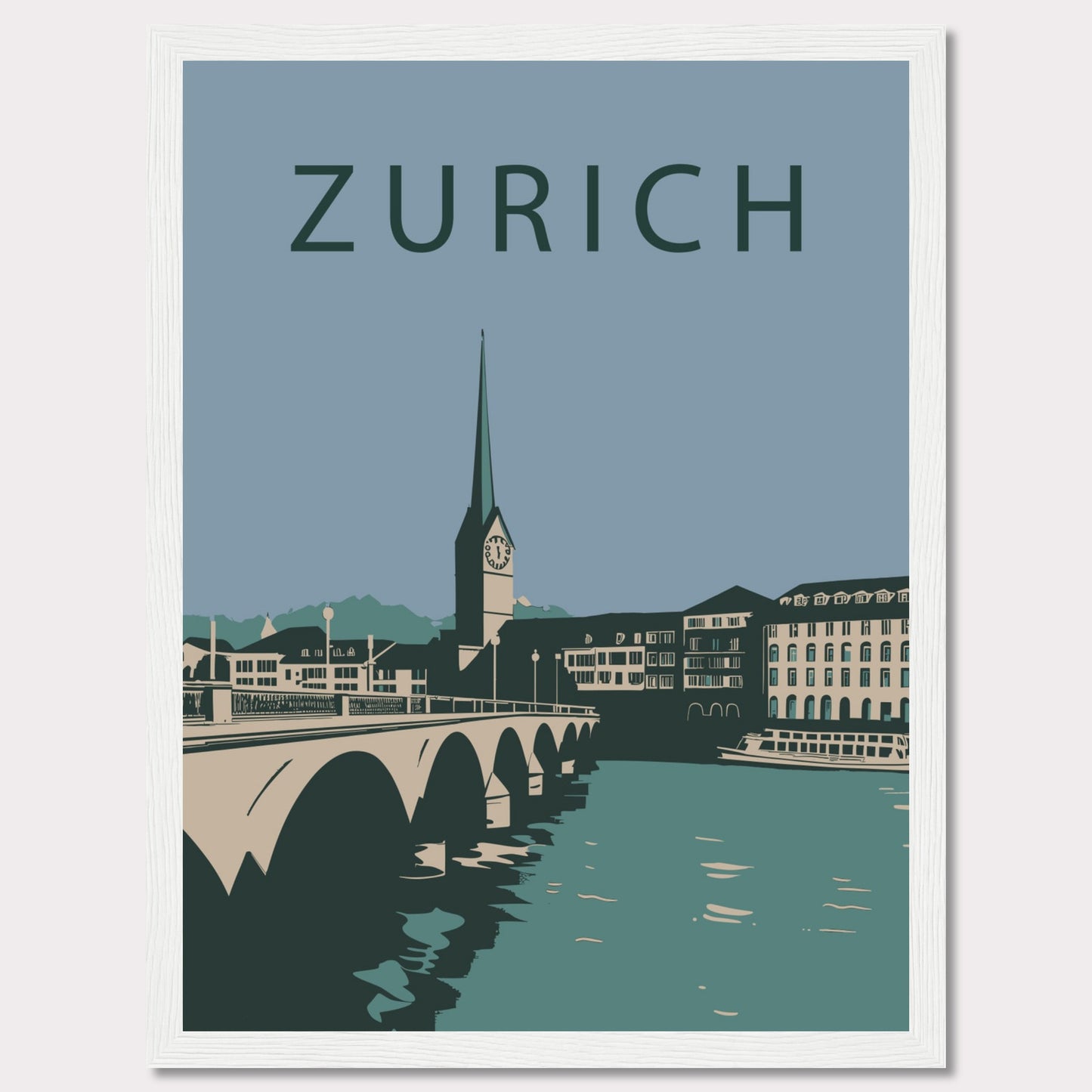 This poster features a serene illustration of Zurich, showcasing its iconic architecture and tranquil river scene.