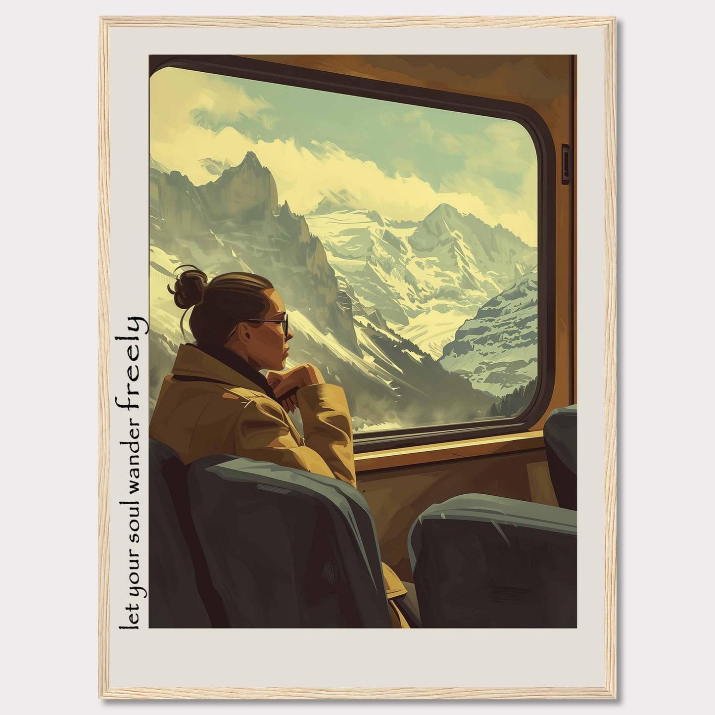 This image depicts a serene moment of a woman gazing out of a train window at a breathtaking mountain landscape. The scene is framed with the text "Let your soul wander freely" on the left side.