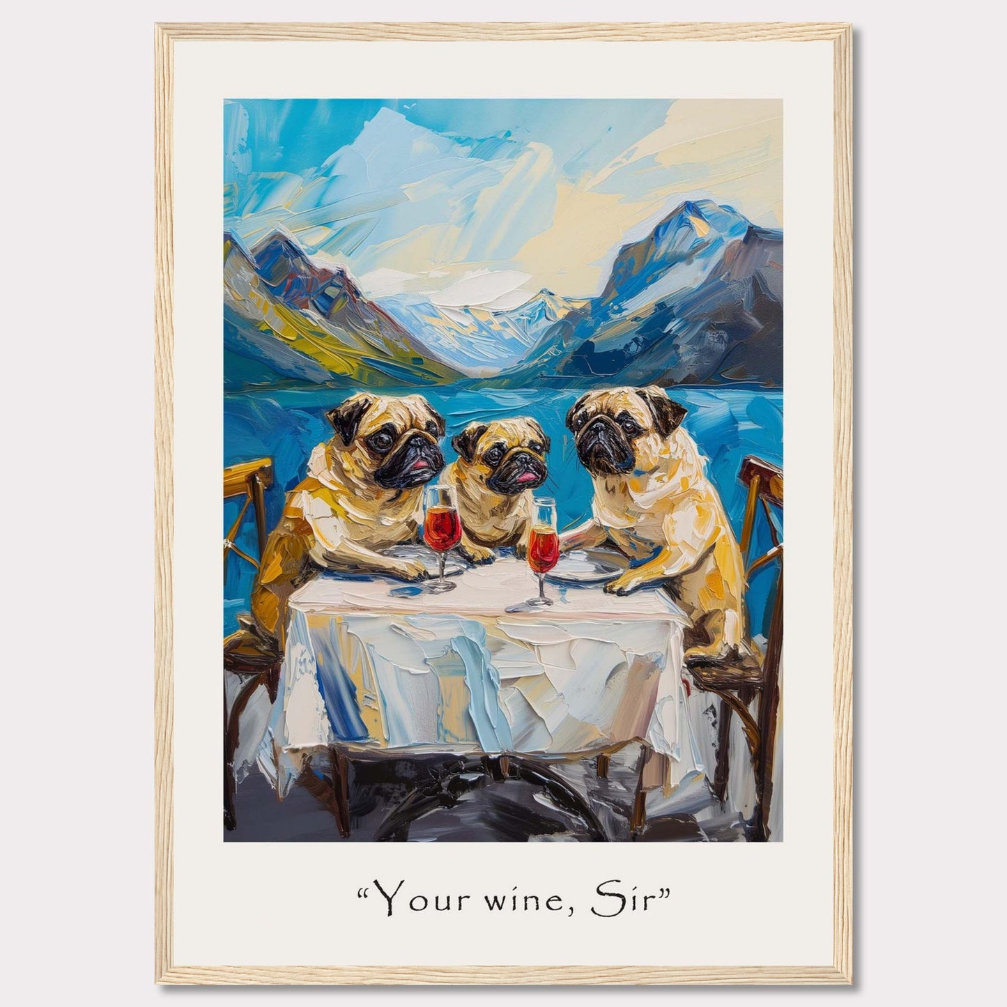 This whimsical painting depicts three pugs sitting at a table, each with a glass of red wine in front of them. The background showcases a stunning mountain landscape with a serene lake. The artwork is framed and includes the caption "Your wine, Sir" at the bottom.