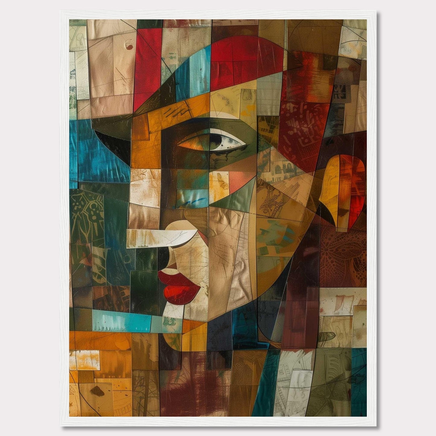 This captivating artwork features a cubist-style portrait, blending vibrant colors and geometric shapes to create a striking visual. The image showcases an abstract face with prominent red lips, a sharp nose, and expressive eyes.