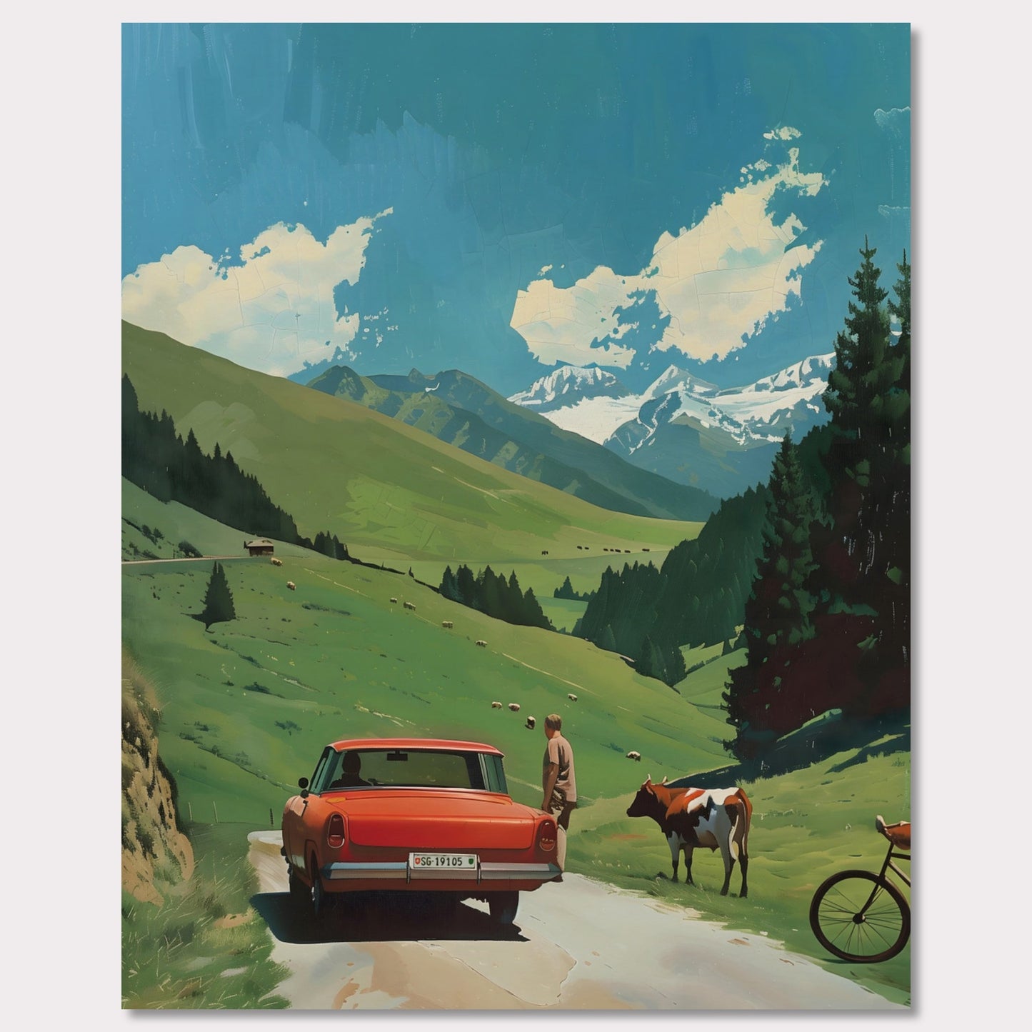 This picture depicts a serene countryside scene with a vibrant red car parked on a narrow road. A person stands beside the car, gazing at a cow that is standing nearby. The lush green hills stretch towards majestic snow-capped mountains under a bright blue sky dotted with fluffy white clouds. A bicycle rests against the tall pine trees, adding to the tranquil rural atmosphere.