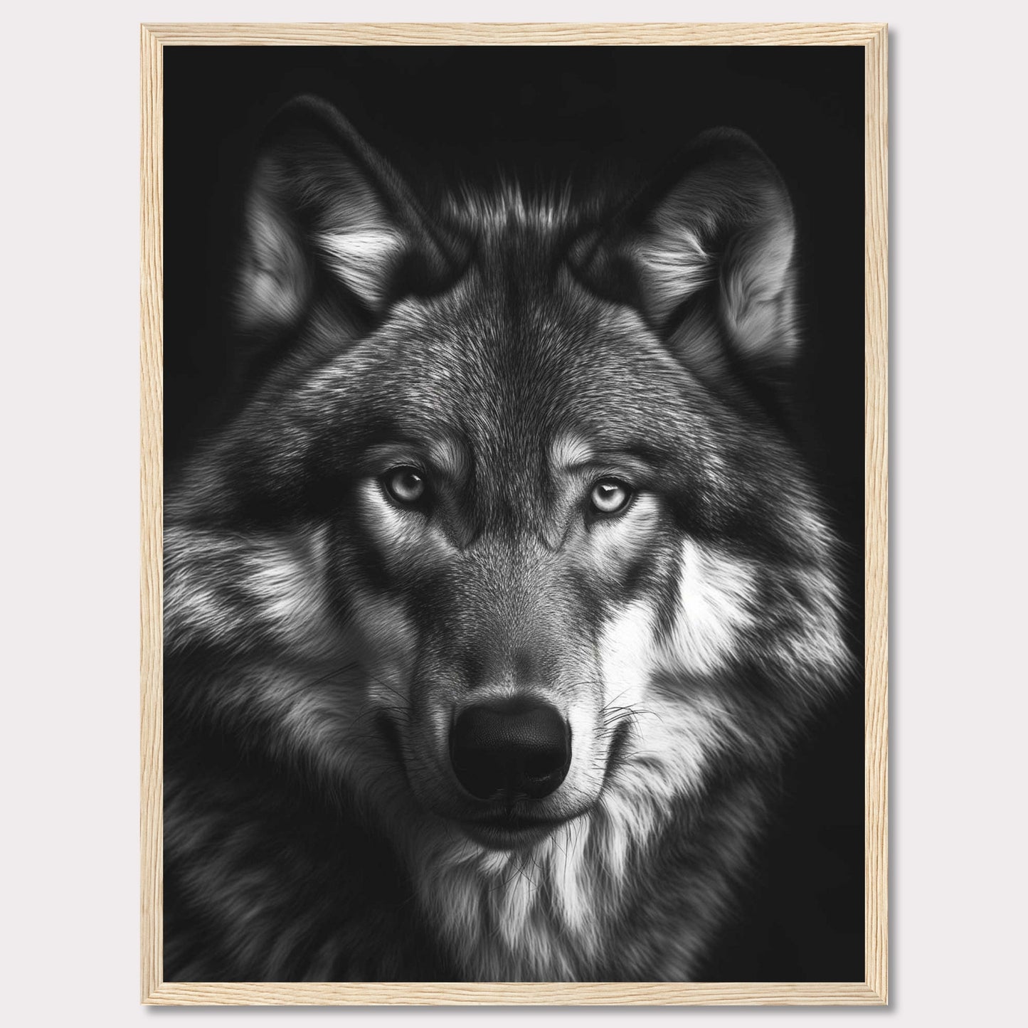 Immerse yourself in the captivating gaze of a majestic wolf with this stunning black and white portrait. The detailed fur, intense eyes, and powerful presence make this artwork a striking addition to any space.