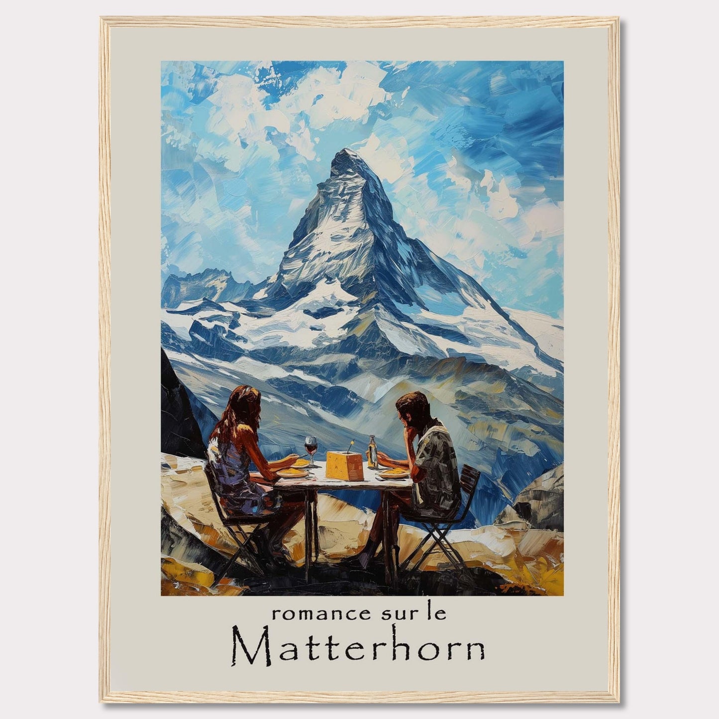 This captivating poster showcases a romantic scene at the Matterhorn, with a couple enjoying a meal against the breathtaking backdrop of the iconic mountain.