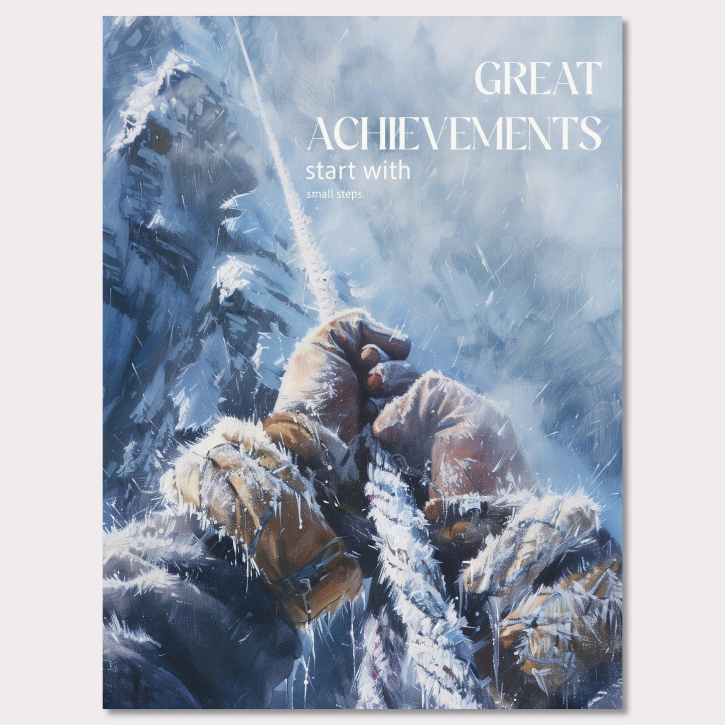 This motivational poster depicts a climber's hands gripping a rope, surrounded by a snowy and icy mountain landscape. The text on the poster reads: "GREAT ACHIEVEMENTS start with small steps."