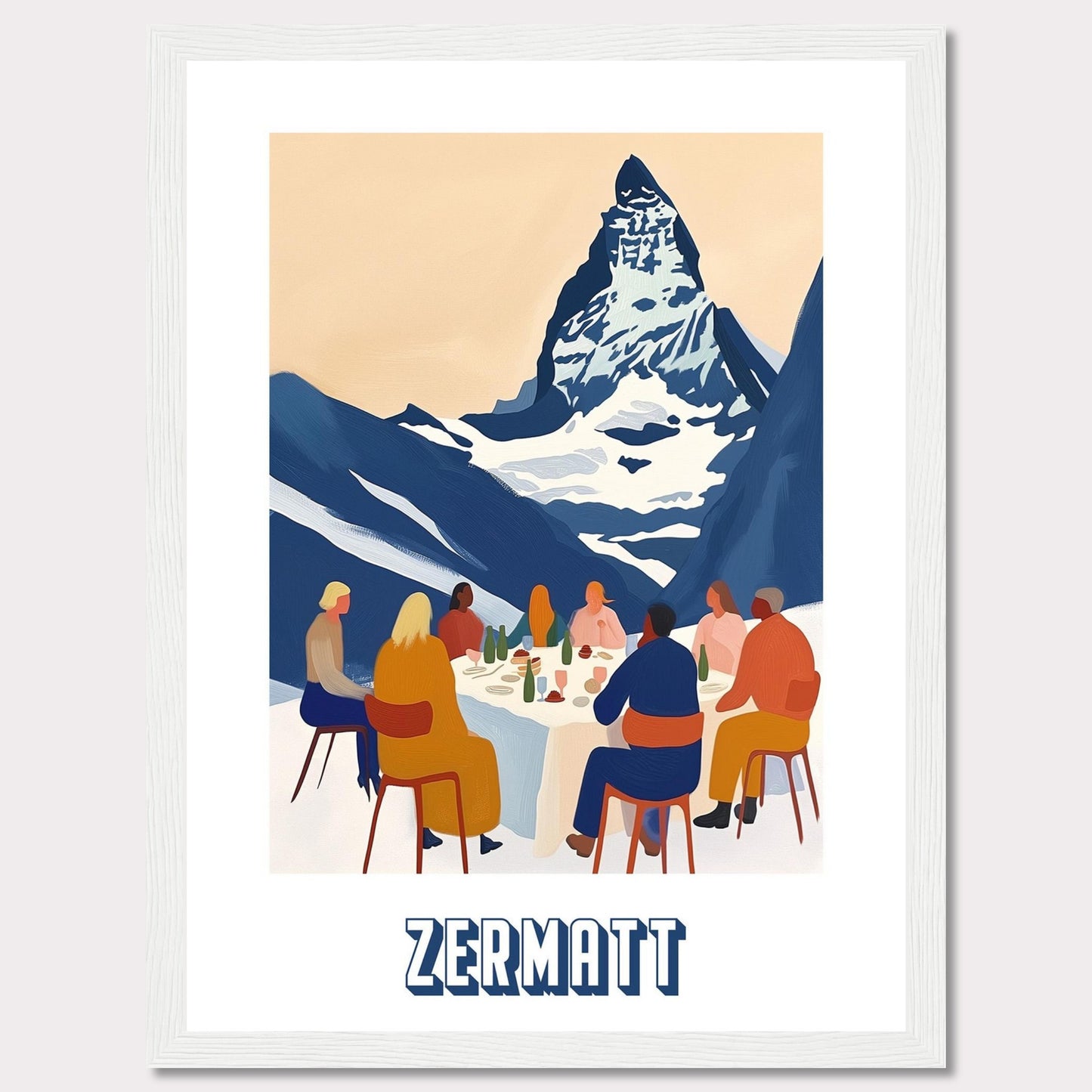 A vibrant and artistic illustration of a group of people dining outdoors with the majestic Matterhorn mountain in the background. The scene captures the essence of Zermatt, Switzerland.